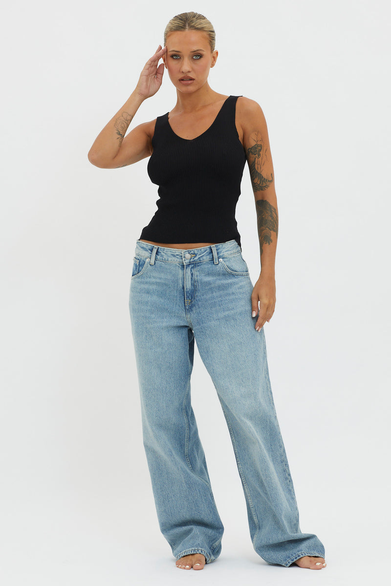 Off-Duty V-Neck Ribbed Knit Top Baby Blue