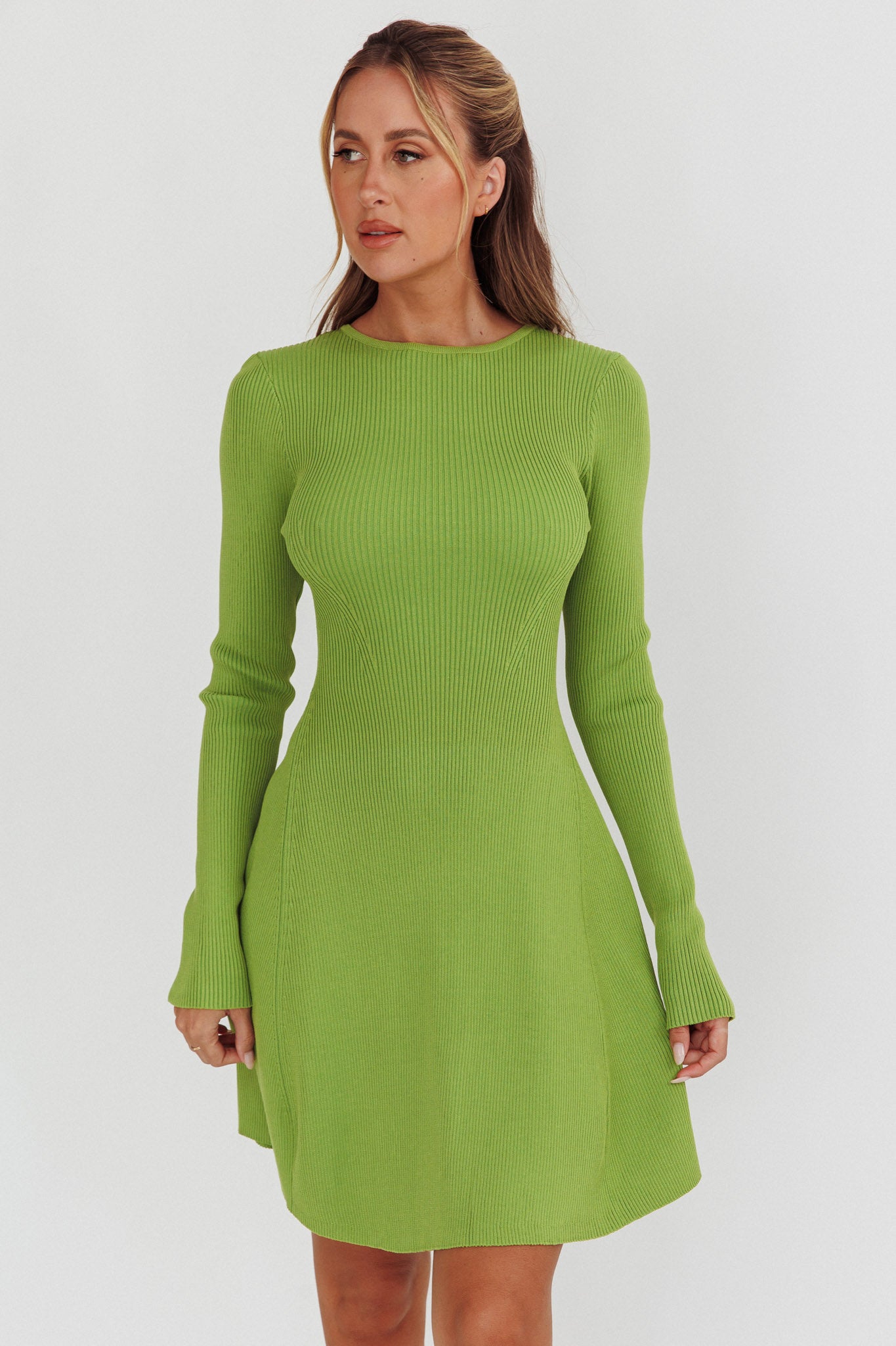 Intuitions Long Sleeve Ribbed Knit Dress Green | Selfie Leslie Australia