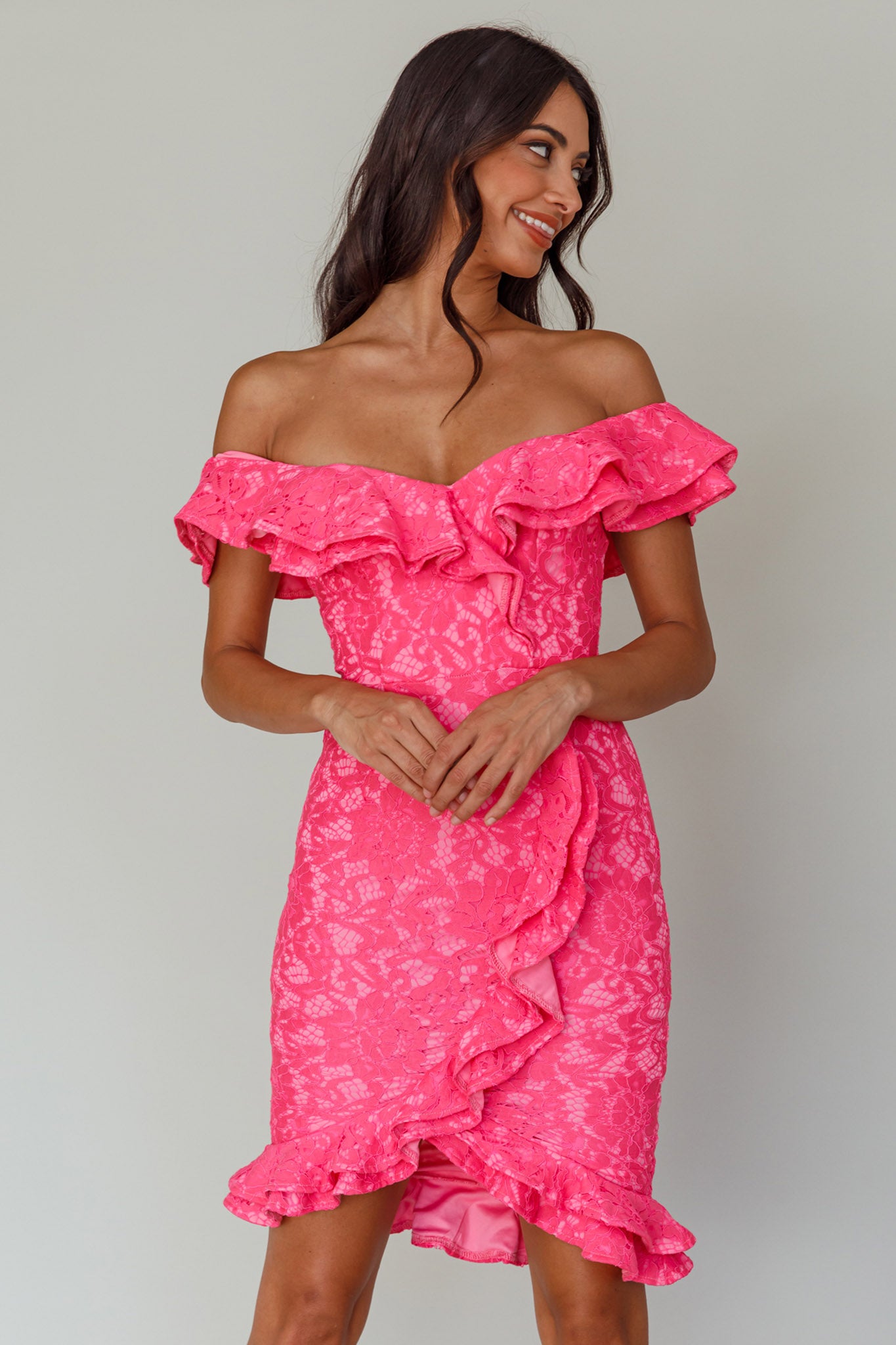 Rossi Off-Shoulder Double Ruffle Lace Dress Hot Pink | Selfie Leslie Australia Rossi Off-Shoulder Double Ruffle Lace Dress Hot Pink | Selfie Leslie Australia