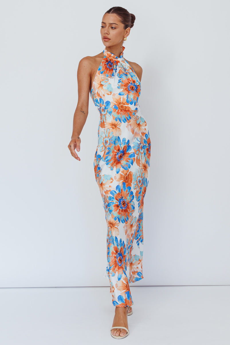 Exhilaration Halterneck Maxi Dress Floral Blue