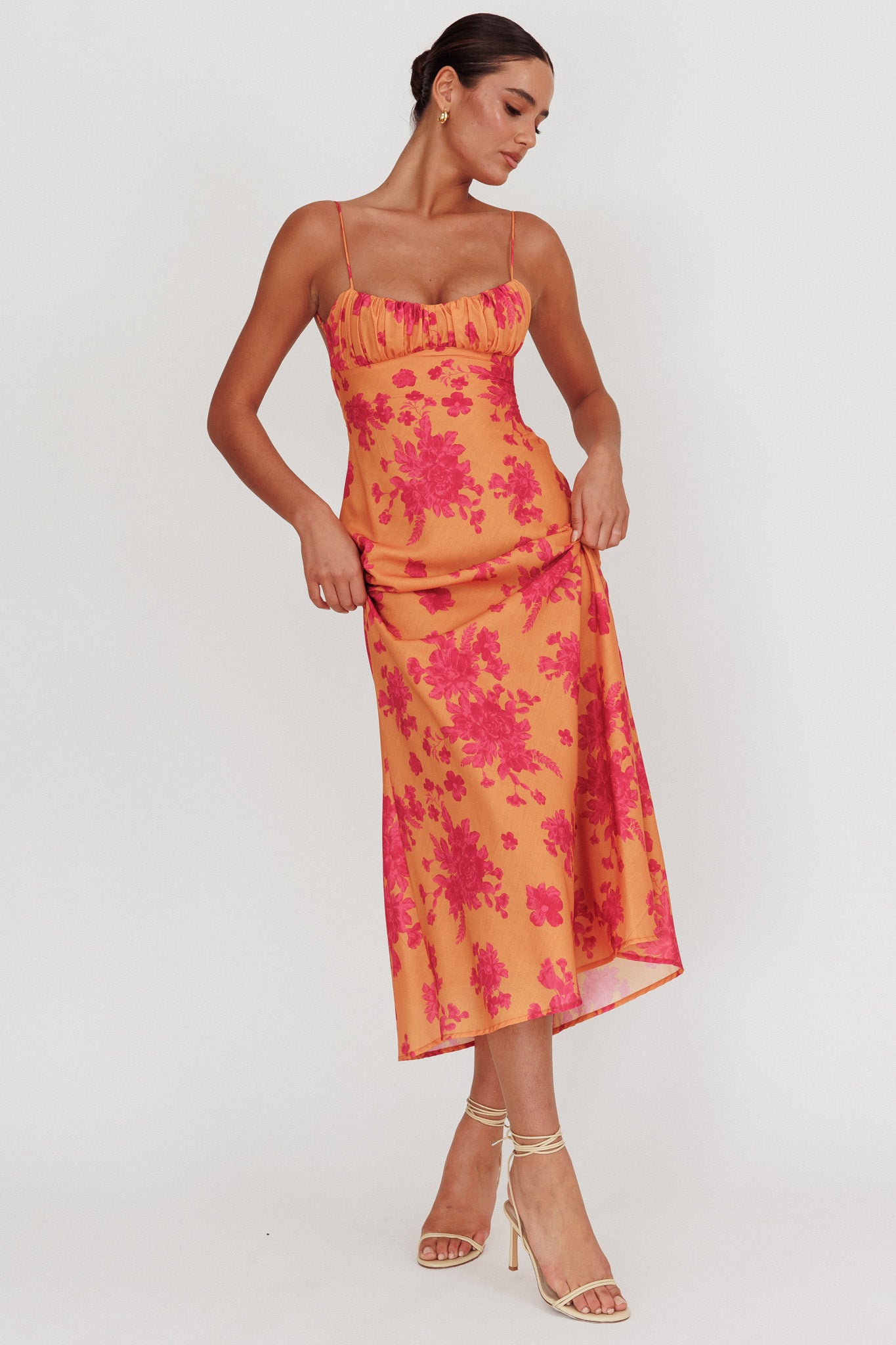 Nerida Low Back Twist Floral Maxi Dress Orange | Selfie Leslie