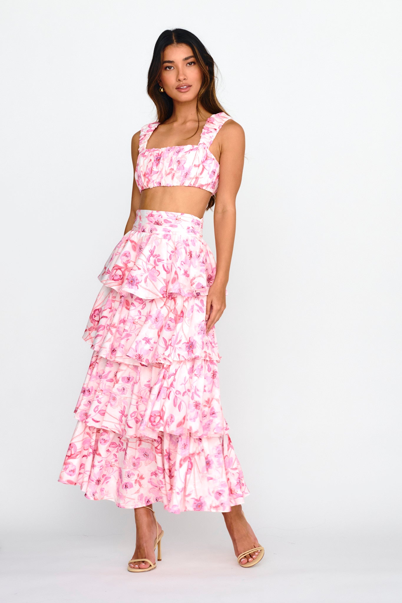 Suenito Tiered Frill Maxi Skirt Floral Pink | Selfie Leslie Australia