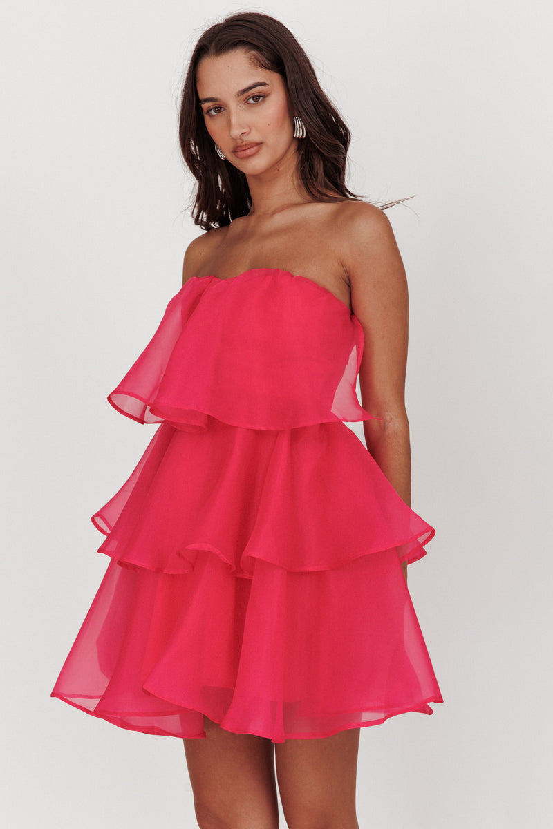 Hot Pink Tiered Mini Dress – Flounce Sleeve Chic