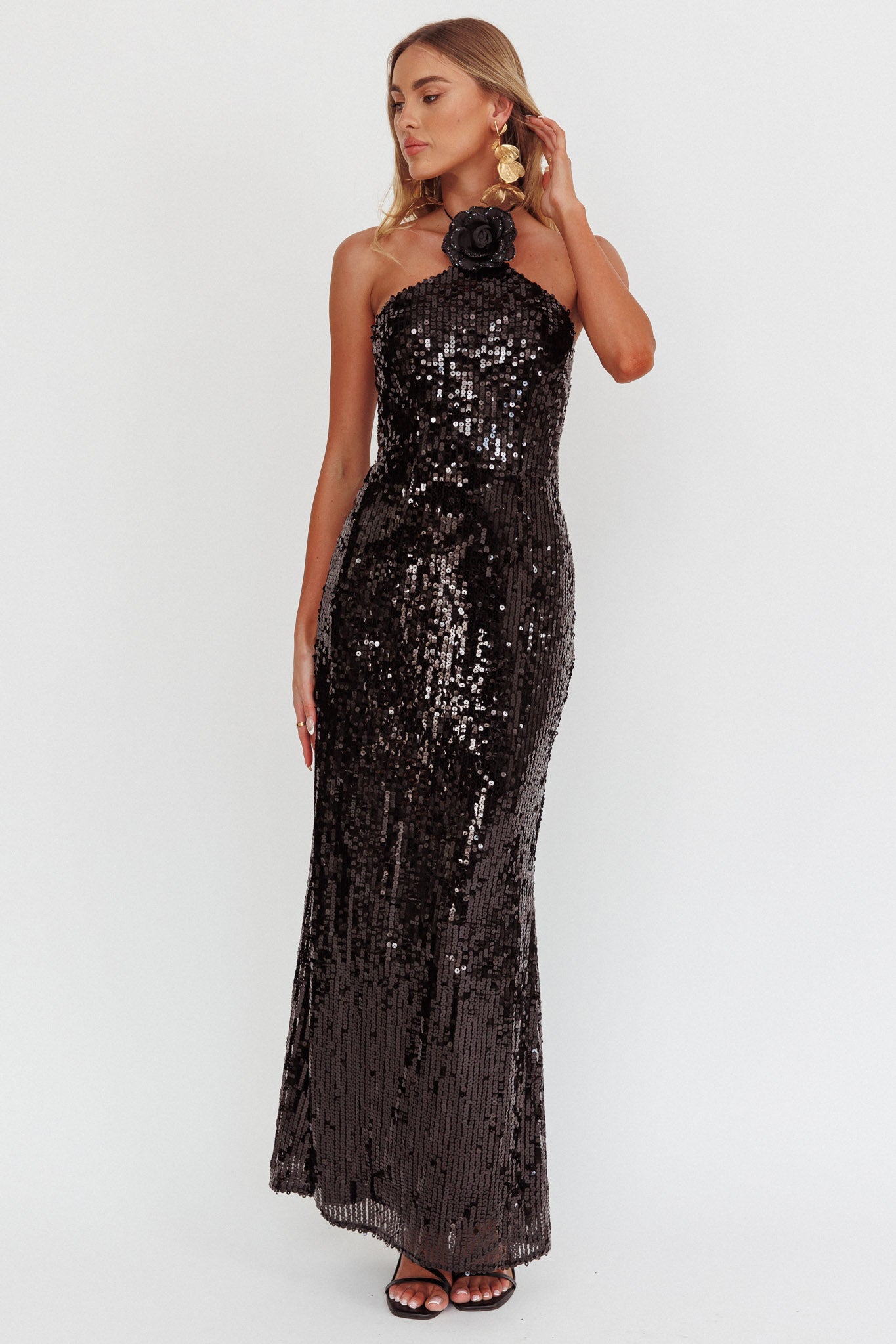 High Roller Flower Decoration Halter Dress Sequin Black | Selfie Leslie Australia High Roller Flower Decoration Halter Dress Sequin Black | Selfie Leslie Australia