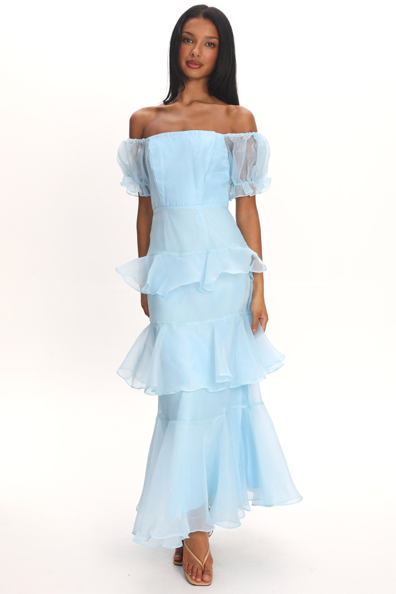 ワンピース ribbons puffy volume dress Delwynn Puff Sleeve Layered Midi Dress Blue | Selfie Leslie Australia