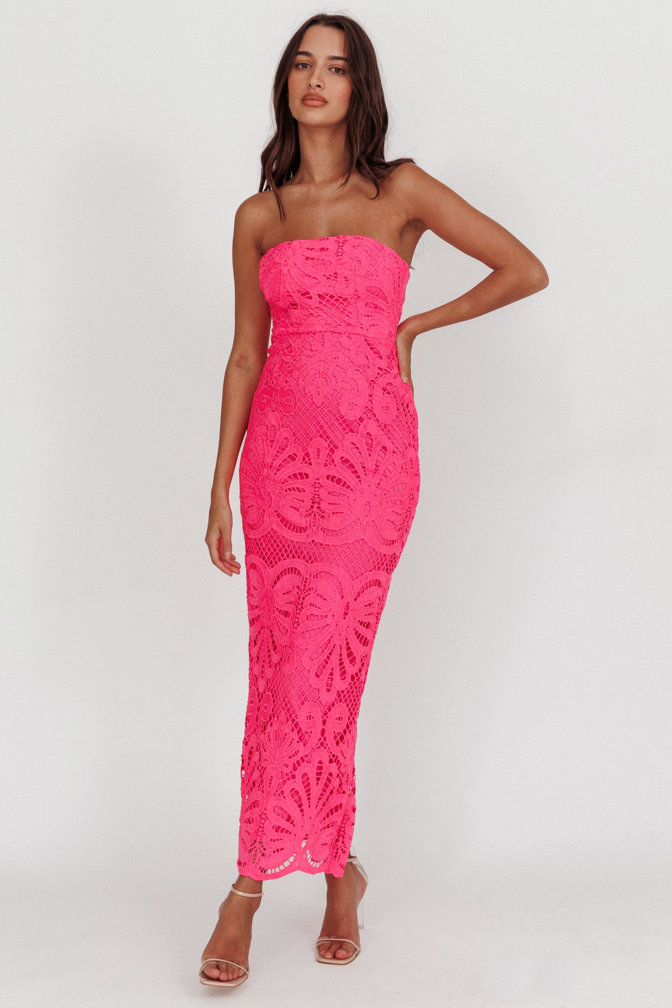 Bia Strapless Lace Embroidered Maxi Dress Hot Pink | Selfie Leslie Australia Bia Strapless Lace Embroidered Maxi Dress Hot Pink | Selfie Leslie Australia