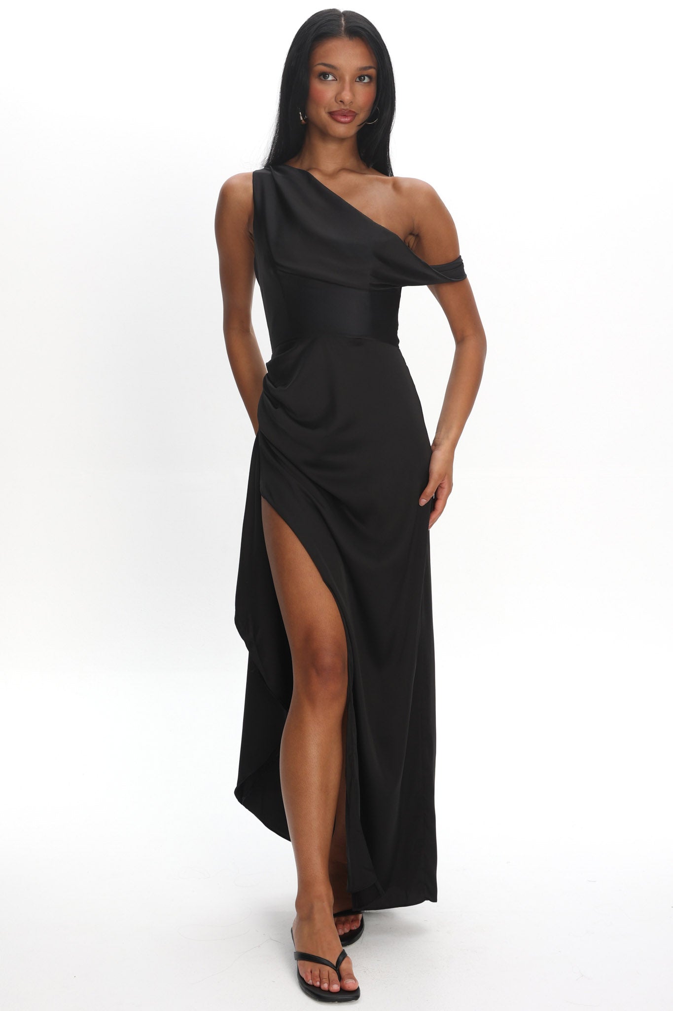 strapless open back dress Sensations Off Shoulder Satin Maxi Dress Black