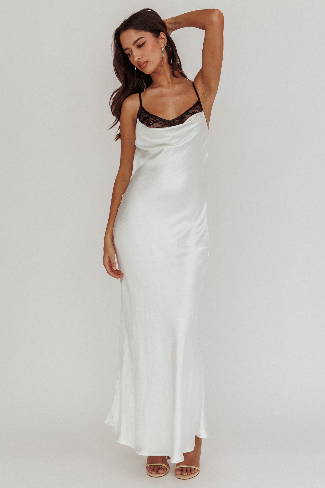 Gentle Touch Cowl Neck Satin Maxi Dress White | Selfie Leslie Australia