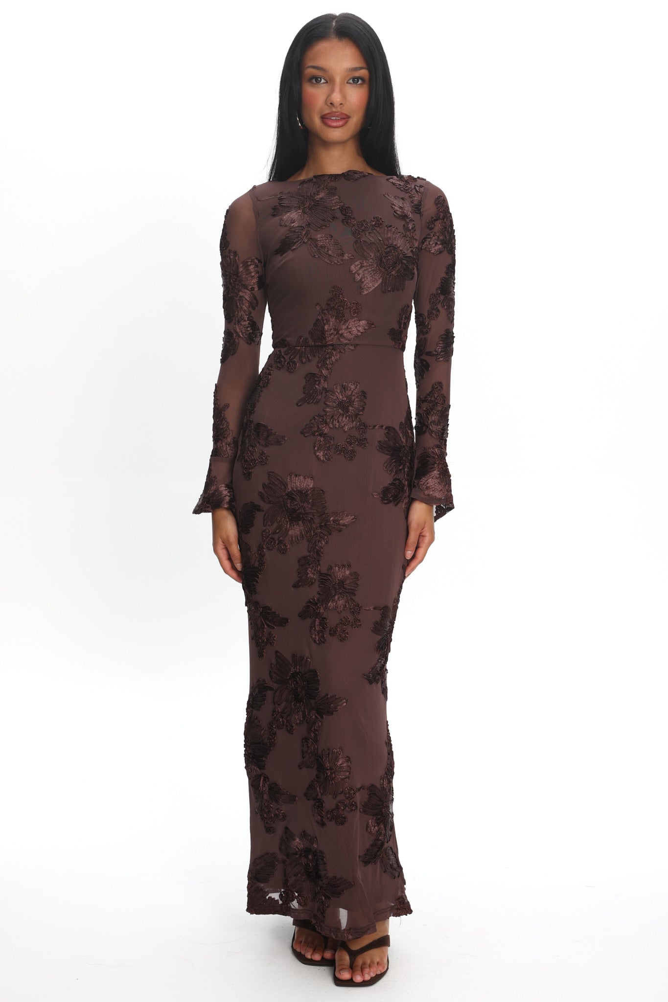 Helsi Long Sleeve Embellished Maxi Dress Brown | Selfie Leslie