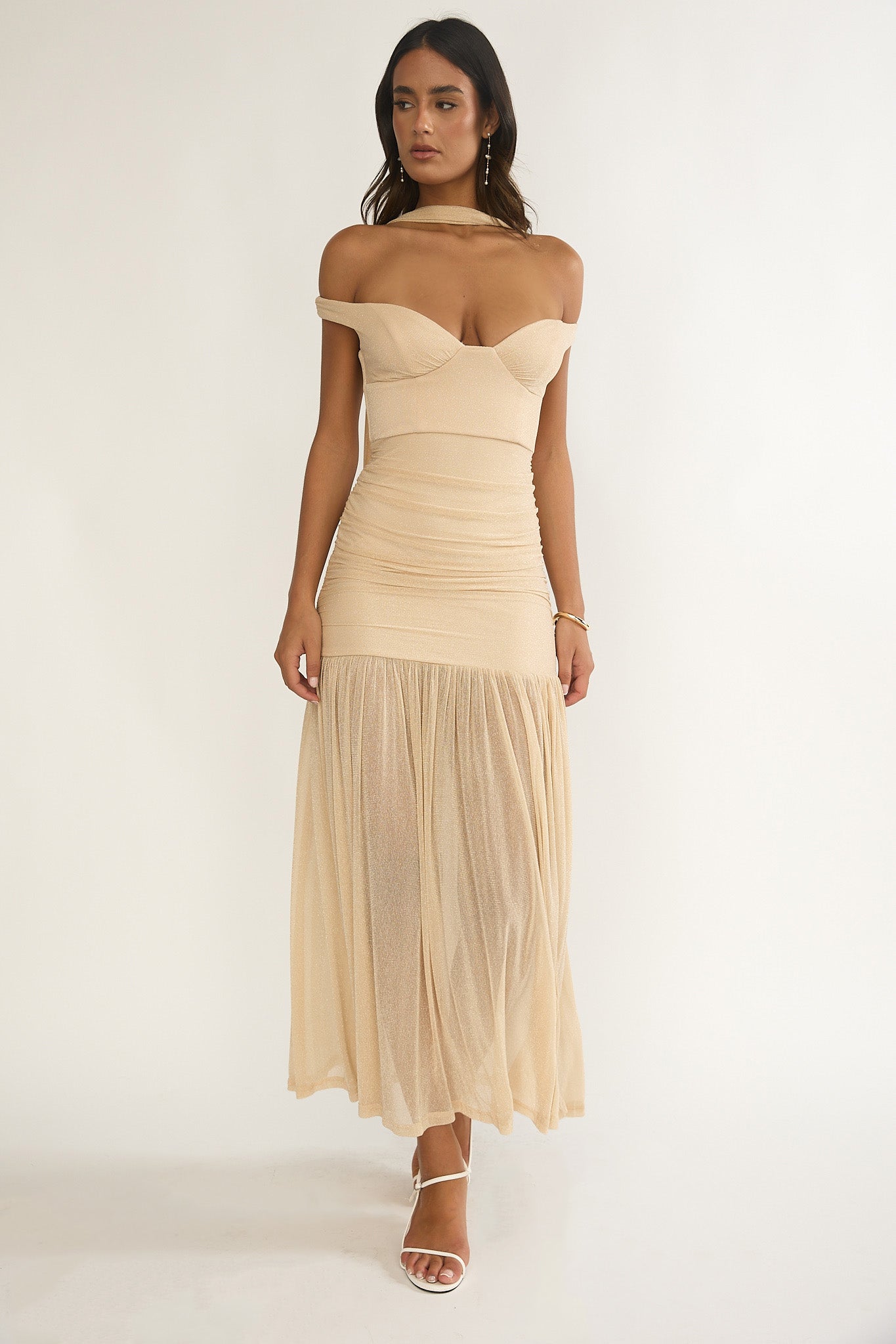 Delora Off-Shoulder Scarf Maxi Dress Beige | Selfie Leslie Australia