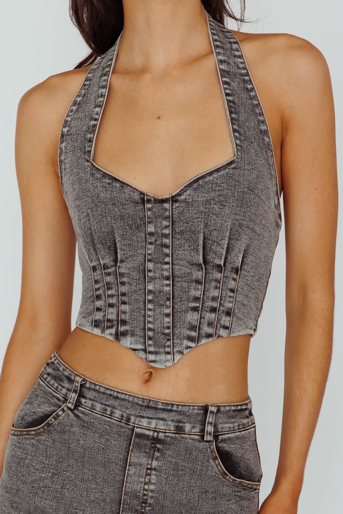 Zurich Halter Crop Top Denim Grey by Selfie Leslie Australia