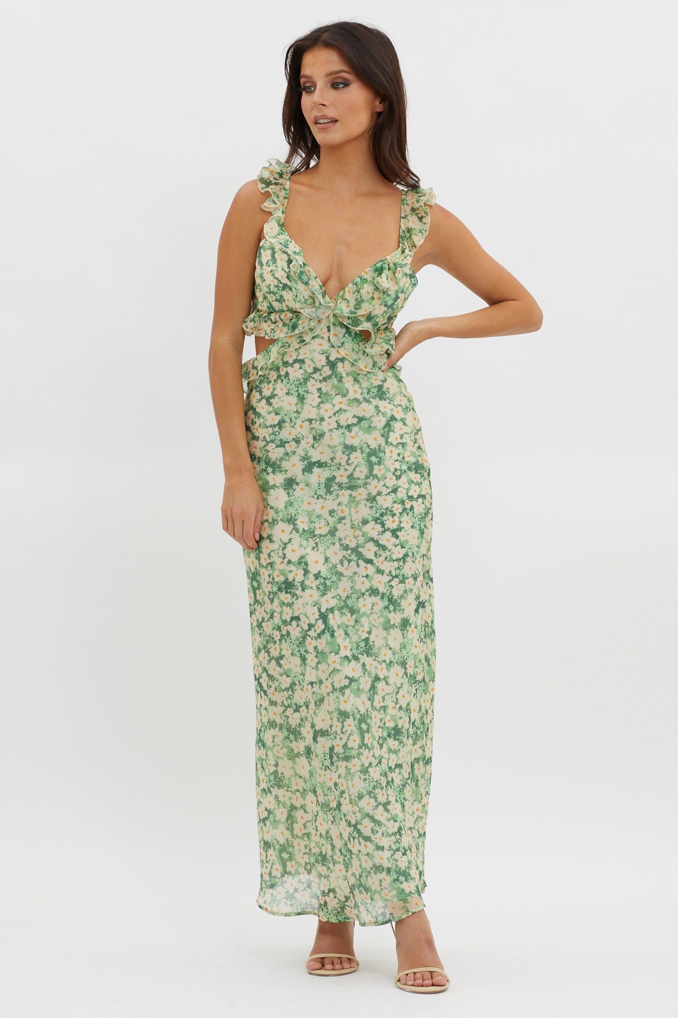 Second Chances Ruffle Trim Maxi Dress Flowers Green | Selfie Leslie Australia Second Chances Ruffle Trim Maxi Dress Flowers Green | Selfie Leslie Australia