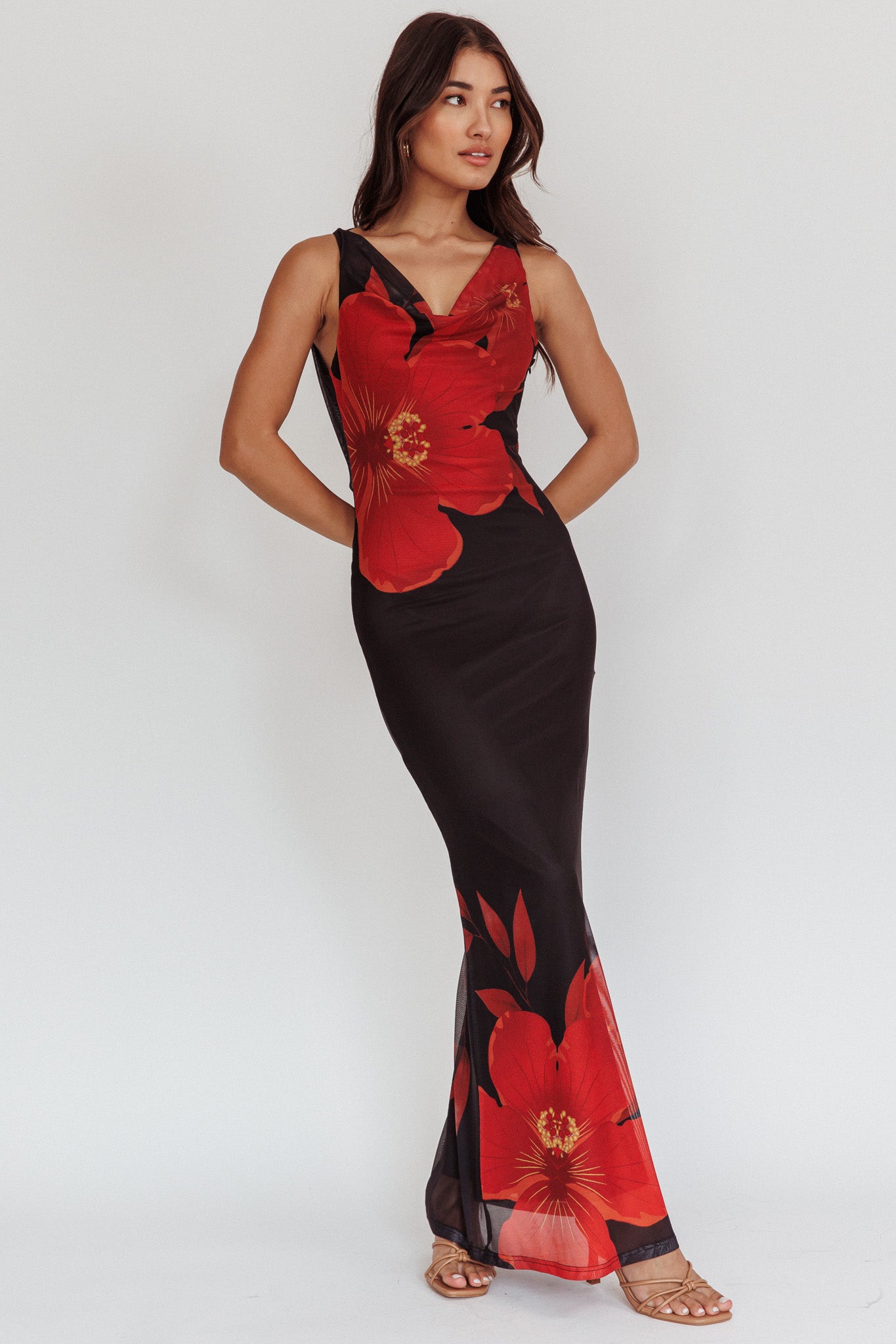 Cassiopeia Open Back Maxi Dress Hibiscus Black | Selfie Leslie