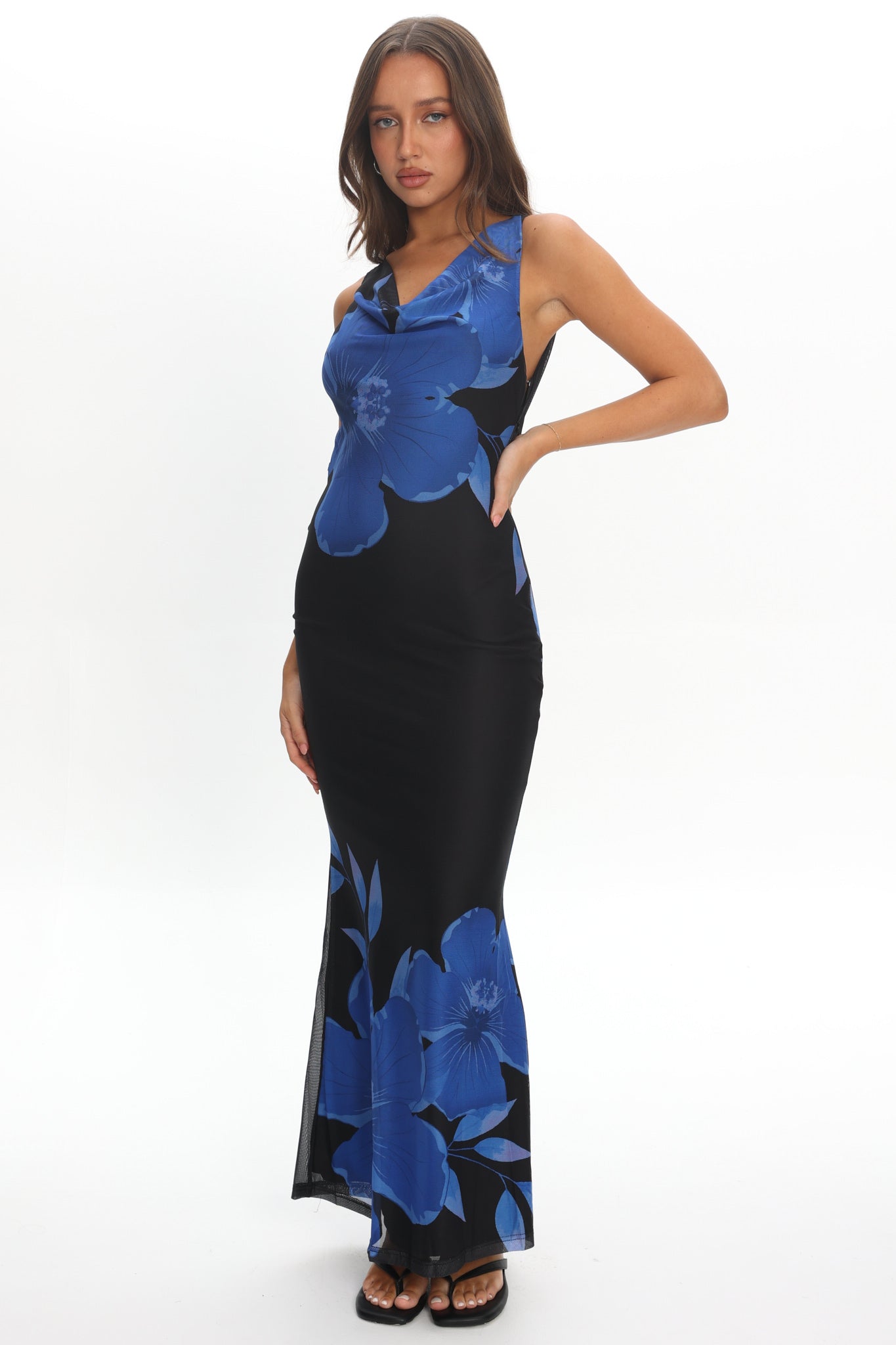 Cassiopeia Open Back Maxi Dress Hibiscus Blue | Selfie Leslie Australia