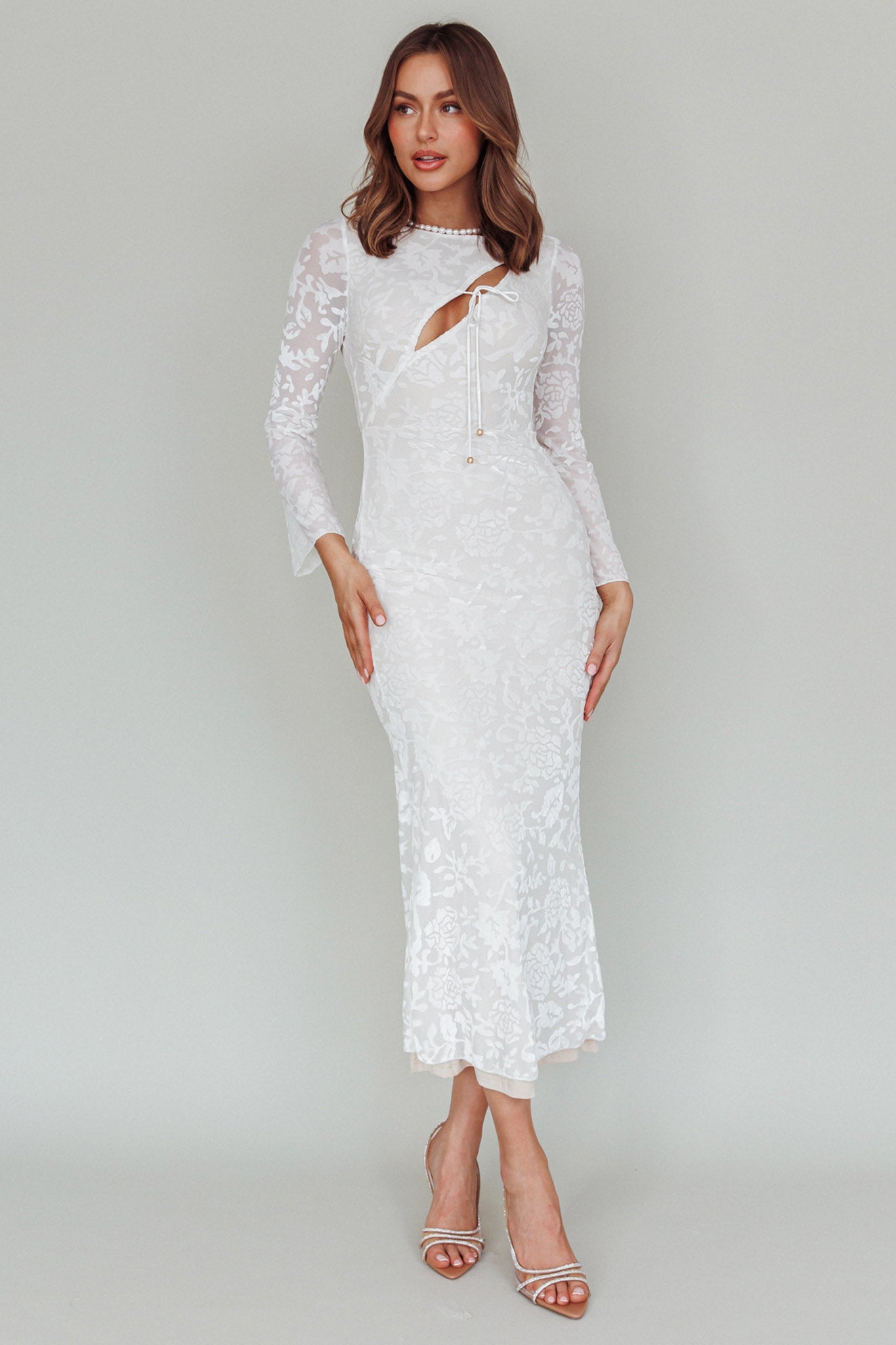 Novalie Long Sleeve Velvet Print Midi Dress White | Selfie Leslie Australia Novalie Long Sleeve Velvet Print Midi Dress White | Selfie Leslie Australia