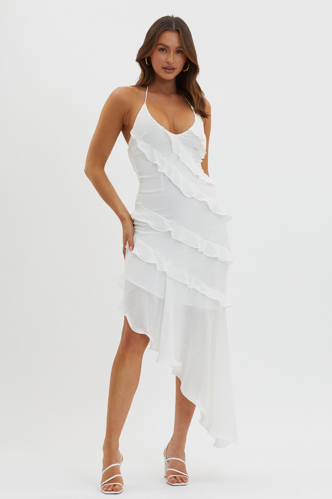 asymmetrical white midi dress Asymmetrical Ruffle Midi Dress White