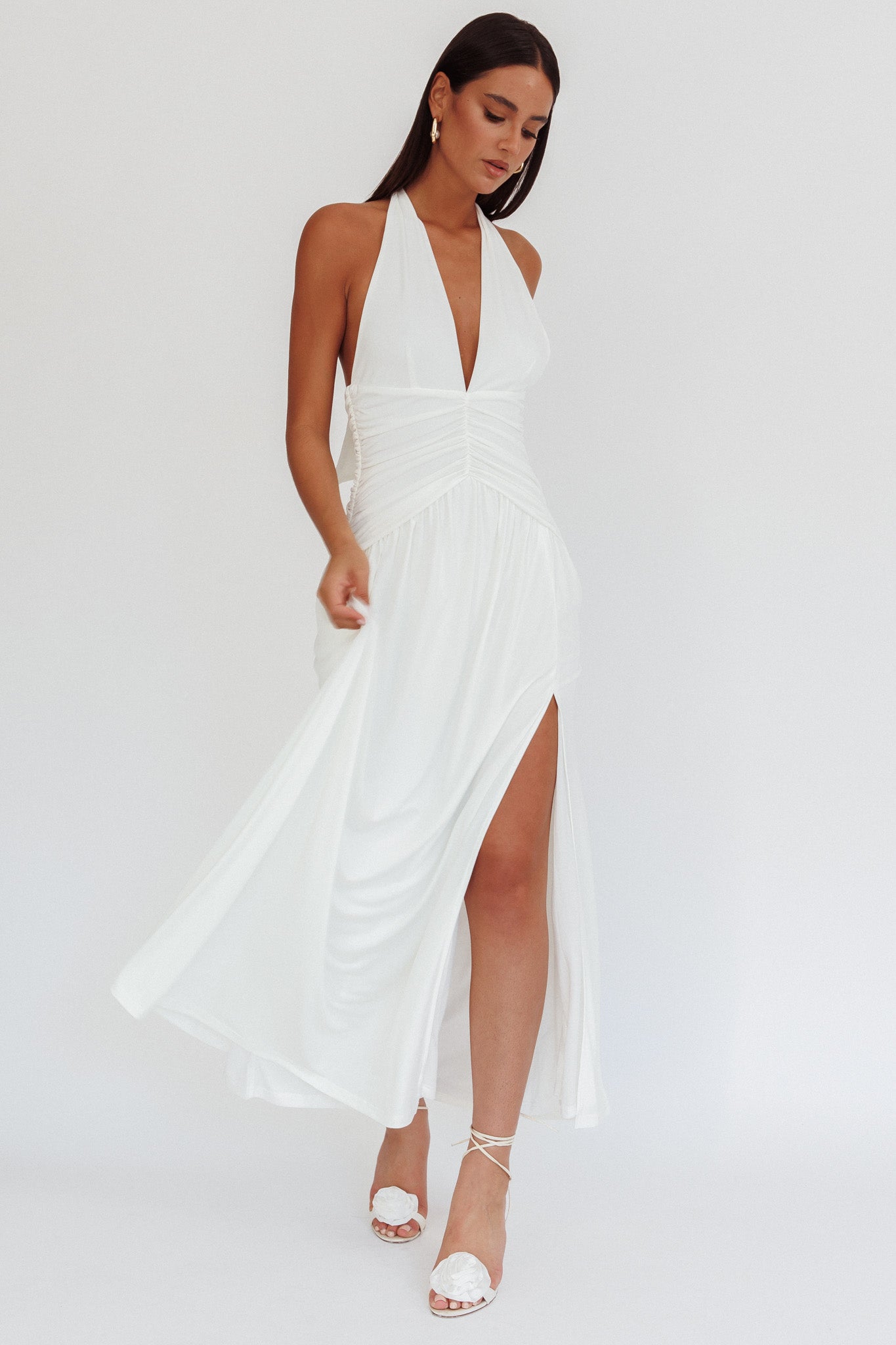 Italia Azure Gathered Waist Maxi Dress White | Selfie Leslie Australia