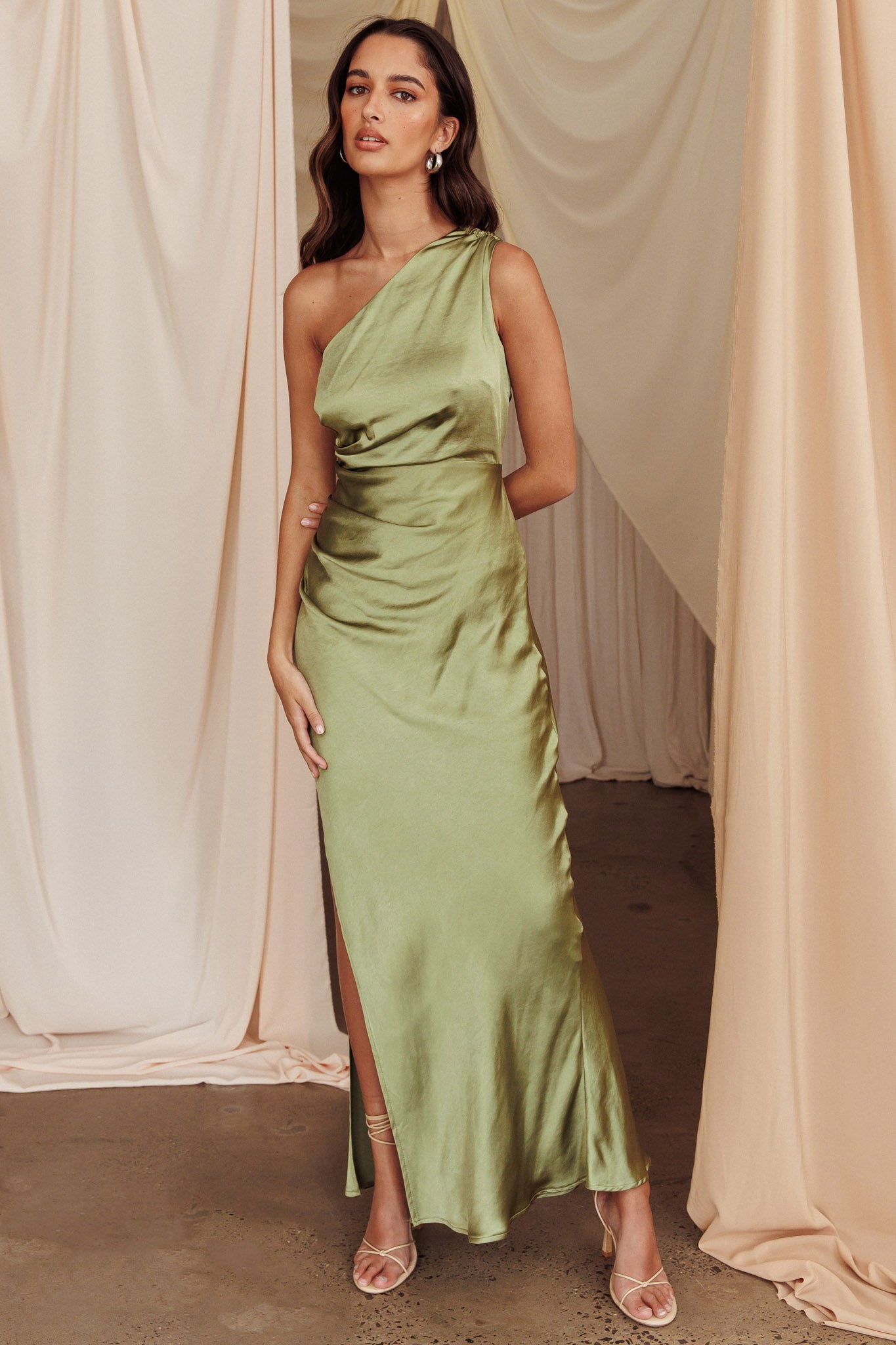 Kamillia One-Shoulder Split Maxi Dress Olive | Selfie Leslie Australia Kamillia One-Shoulder Split Maxi Dress Olive | Selfie Leslie Australia
