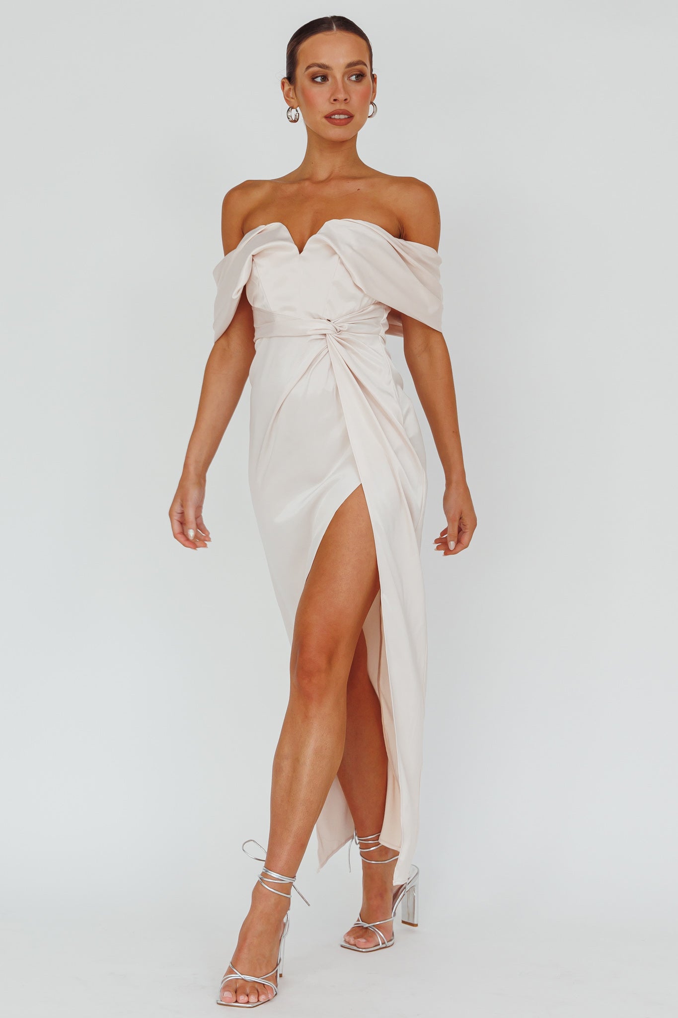 Amaryllis Off-Shoulder Twist Maxi Dress Pearl by Selfie Leslie Australia