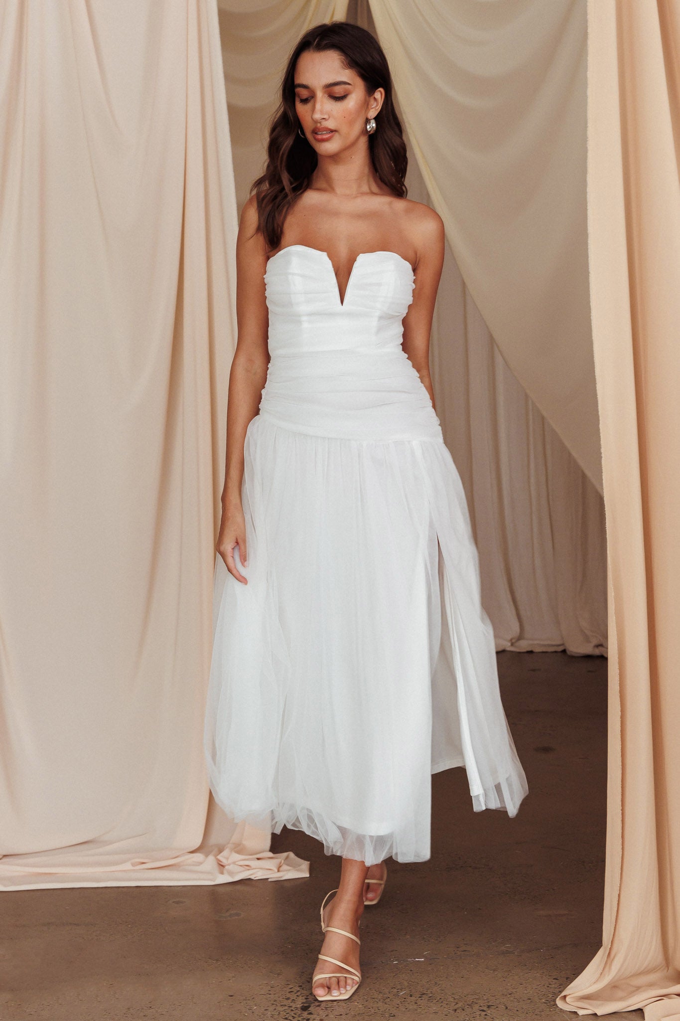 Daphnie Drop Waist Tulle Midi Dress White | Selfie Leslie Australia Daphnie Drop Waist Tulle Midi Dress White | Selfie Leslie Australia