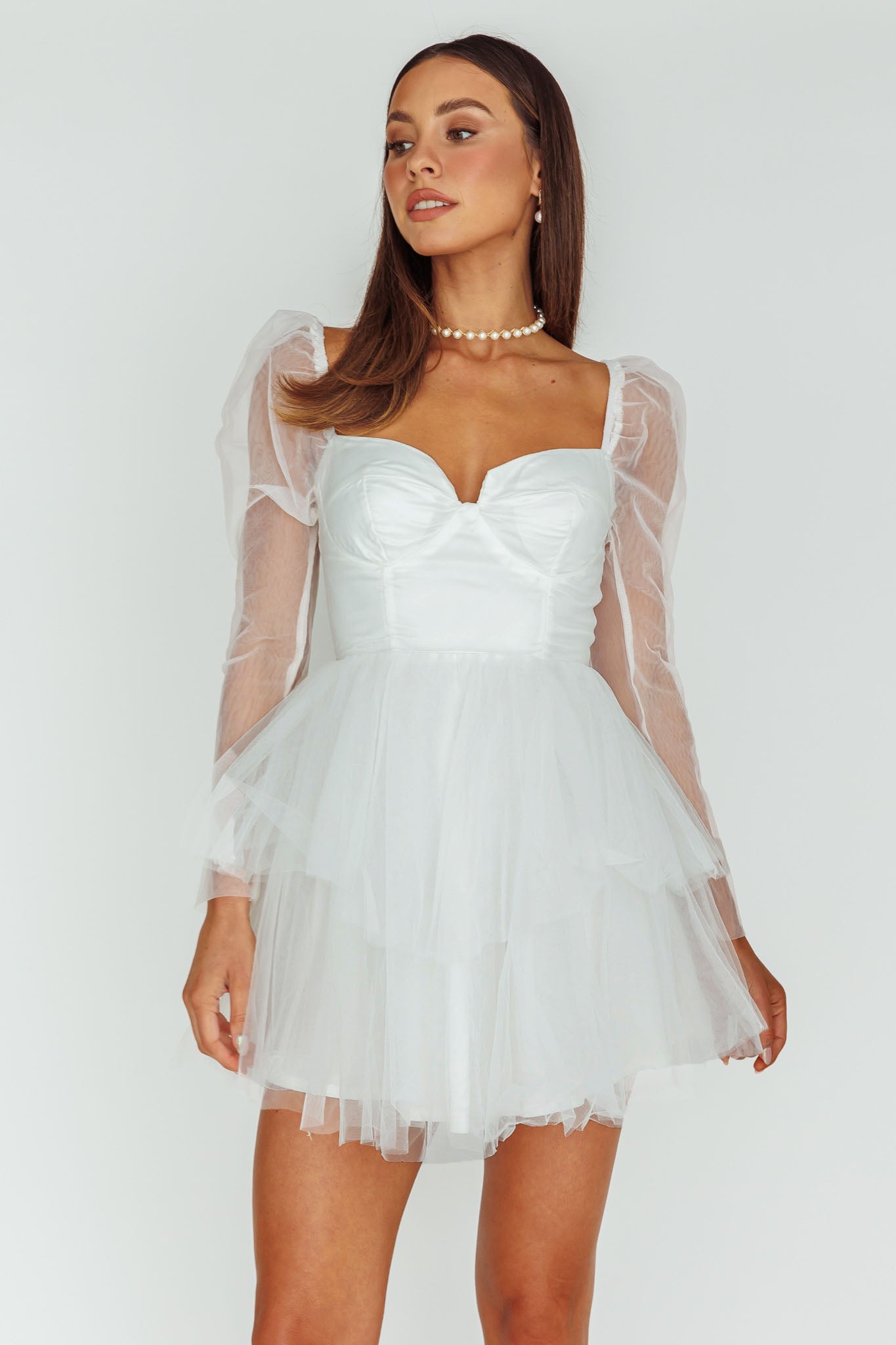 long sleeve tulle skirt mini dress Veola Long Sleeve Tulle Mini Dress White