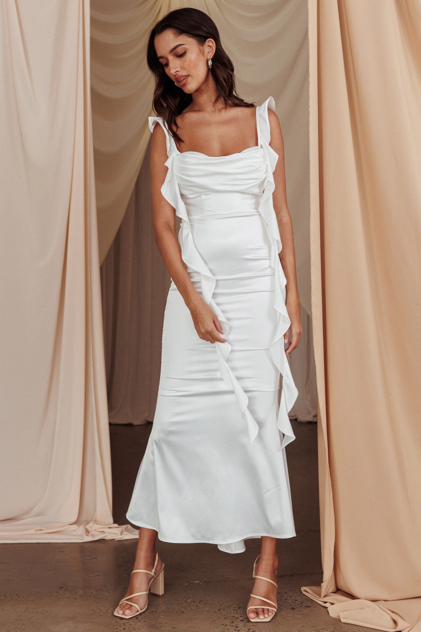 selfie leslie blushing ruffle trim midi dress Blushing Ruffle Trim Midi Dress Oyster