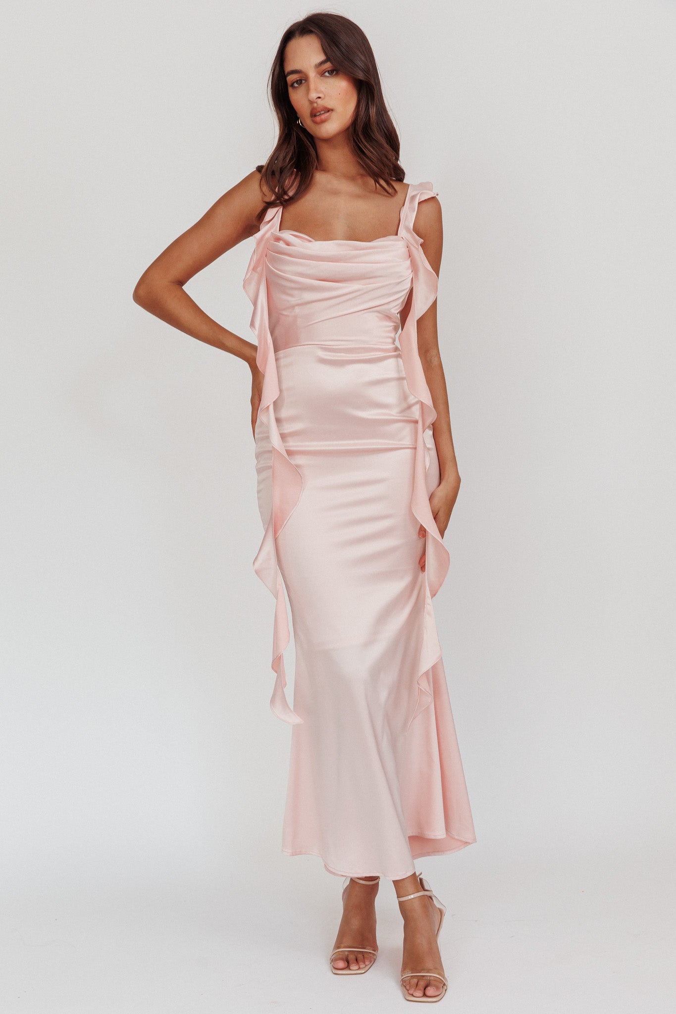 pink midi dress australia Blushing Ruffle Trim Midi Dress Baby Pink