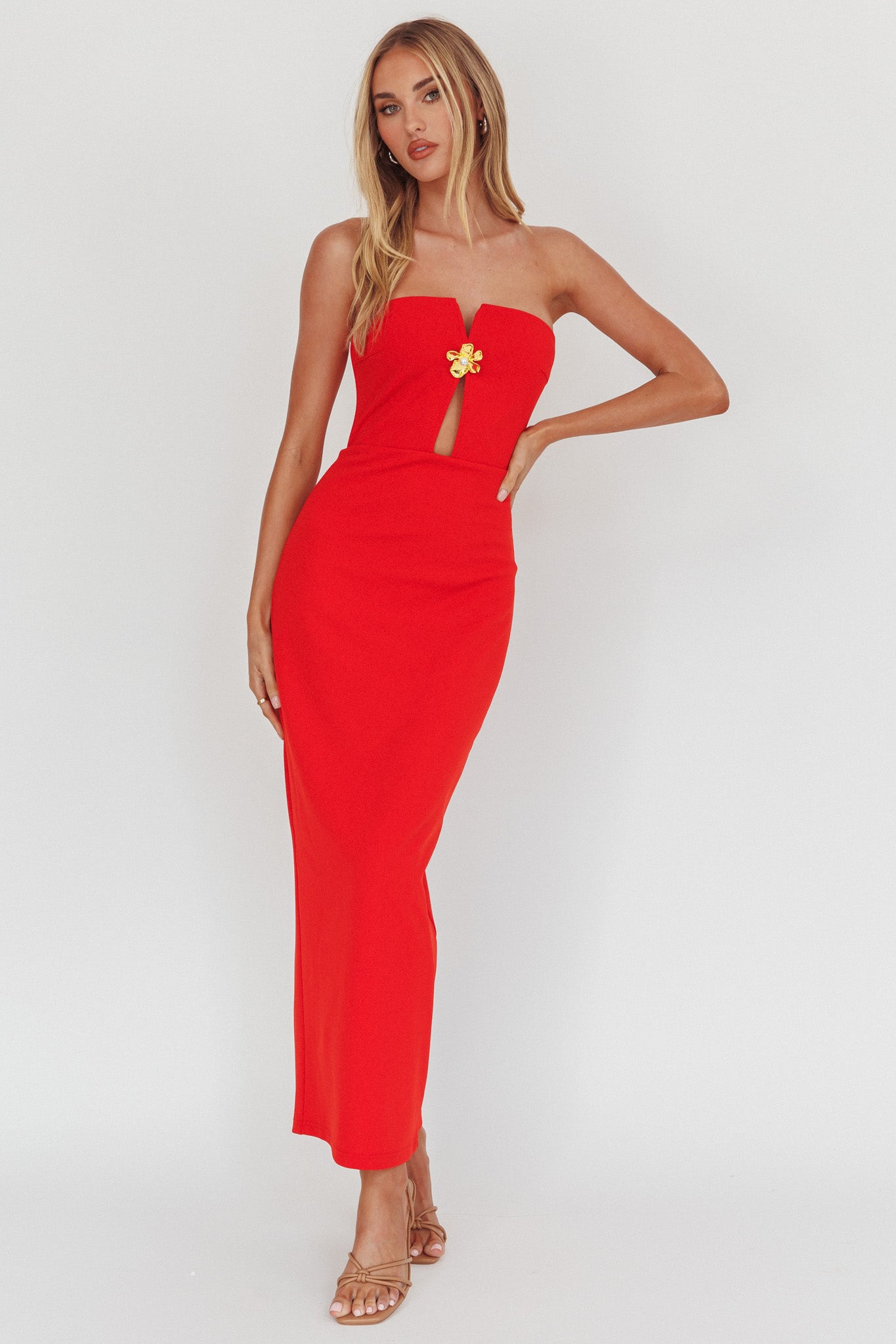Sonrisa Strapless Cut-Out Maxi Dress Red by Selfie Leslie Australia