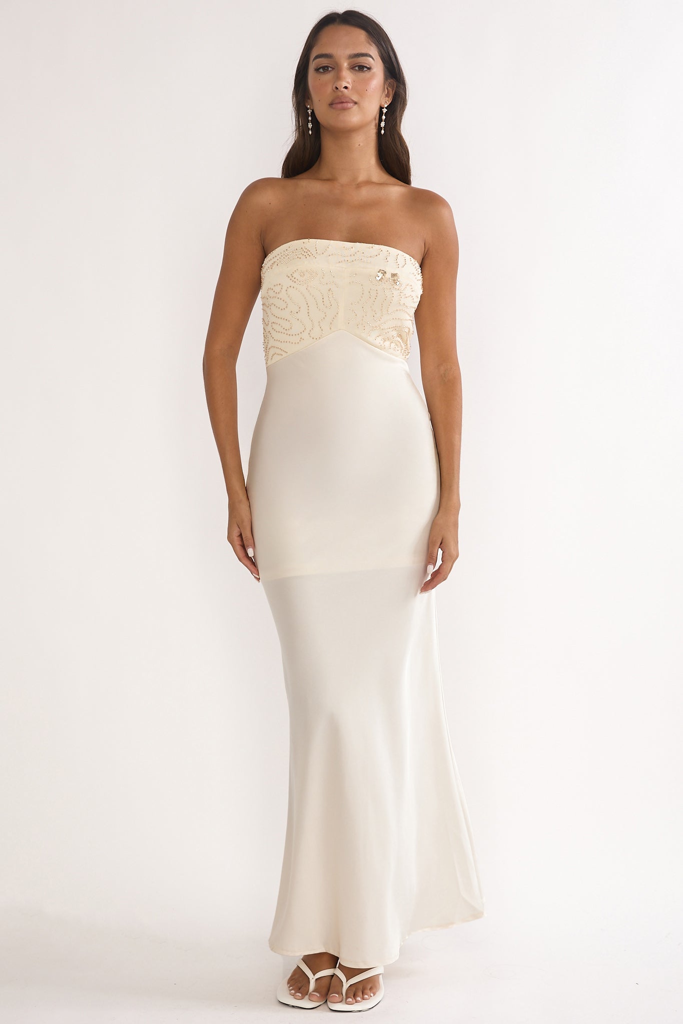 At Dusk Beaded Bust Strapless Maxi Dress Oyster | Selfie Leslie Australia At Dusk Beaded Bust Strapless Maxi Dress Oyster | Selfie Leslie Australia