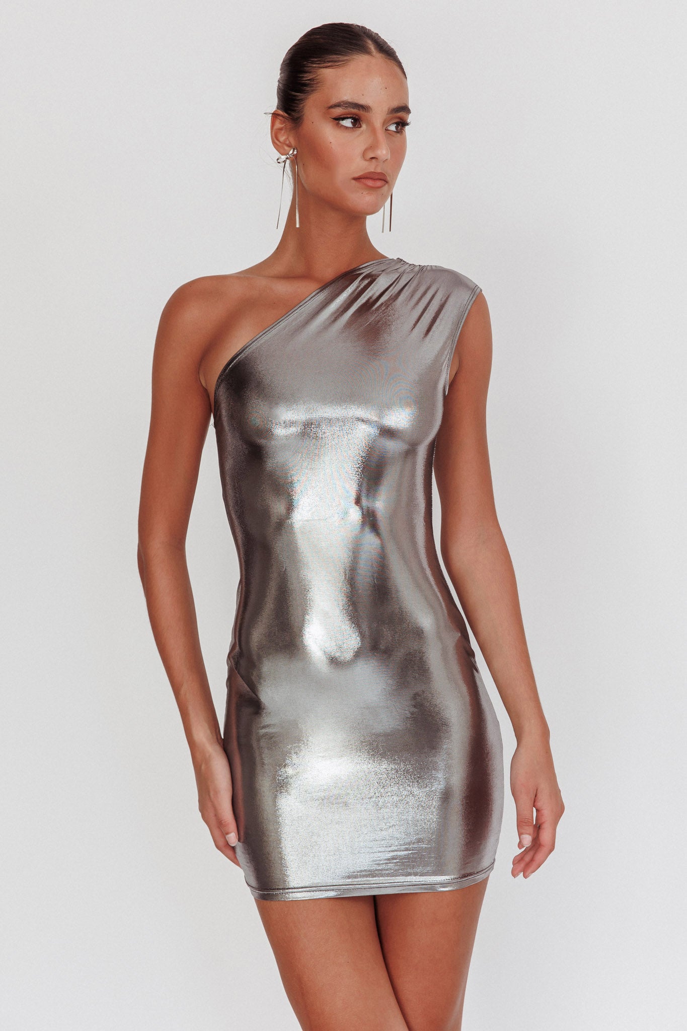 open lace back dress Glitter One-Shoulder Mini Dress Silver
