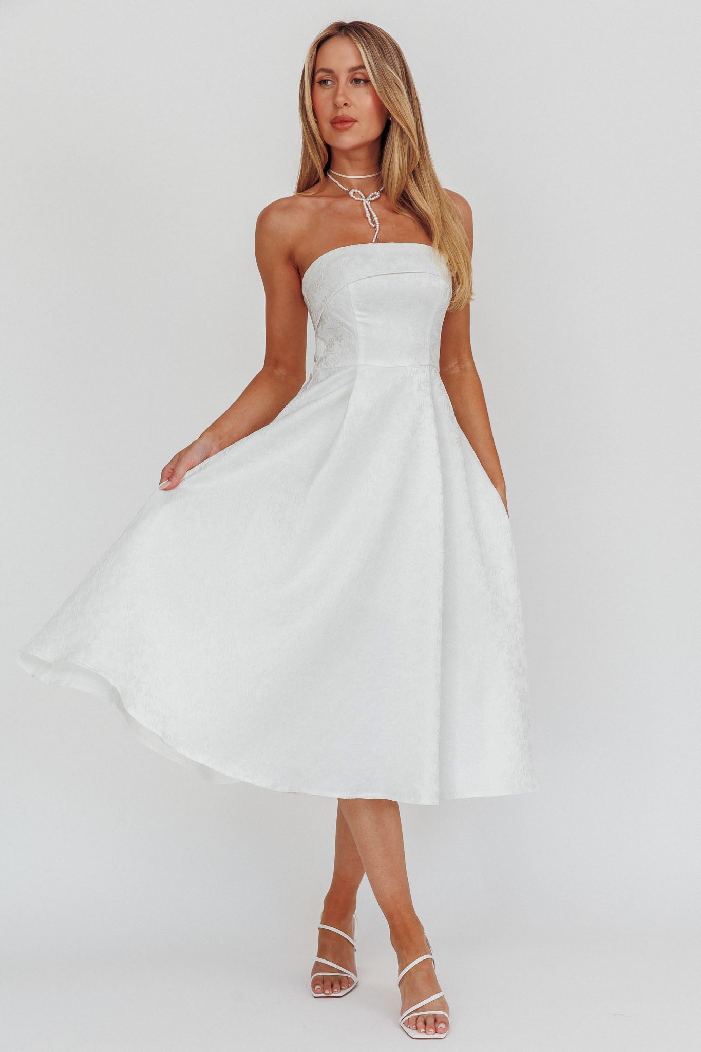 Worship Strapless A-Line Midi Dress White | Selfie Leslie Australia