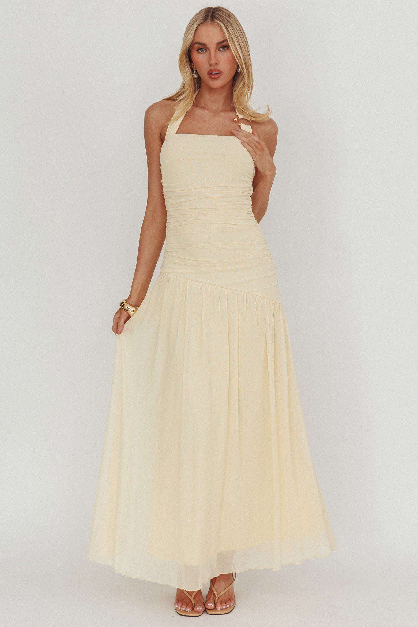 Azure Sun Halterneck Drop Waist Maxi Dress Yellow | Selfie Leslie Australia Azure Sun Halterneck Drop Waist Maxi Dress Yellow | Selfie Leslie Australia