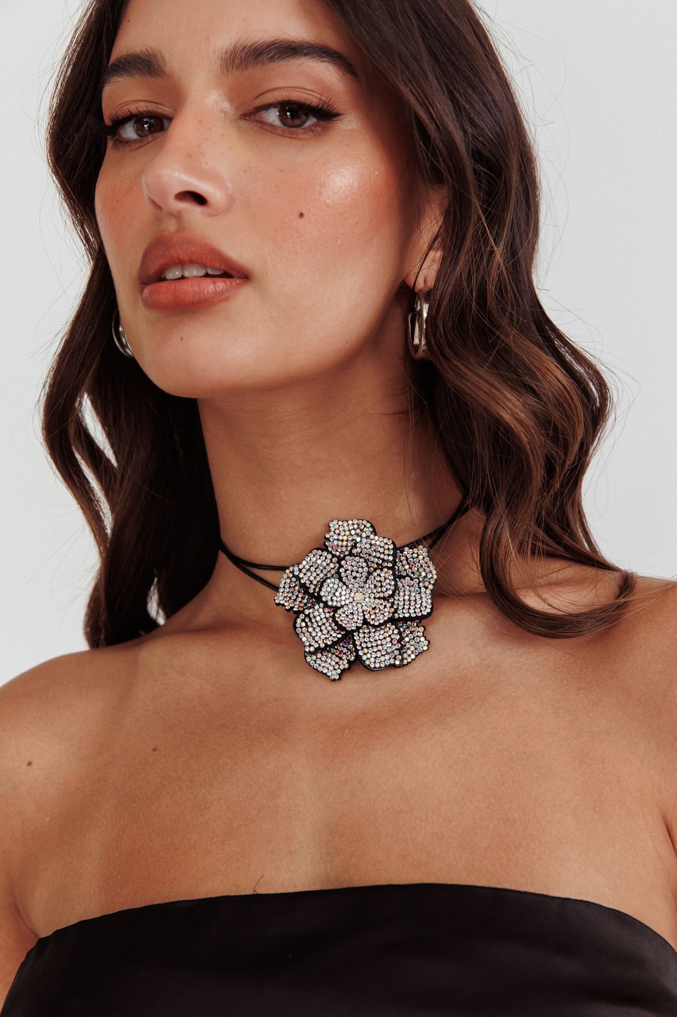 Magnolia Diamante Flower Choker Necklace Black | Selfie Leslie