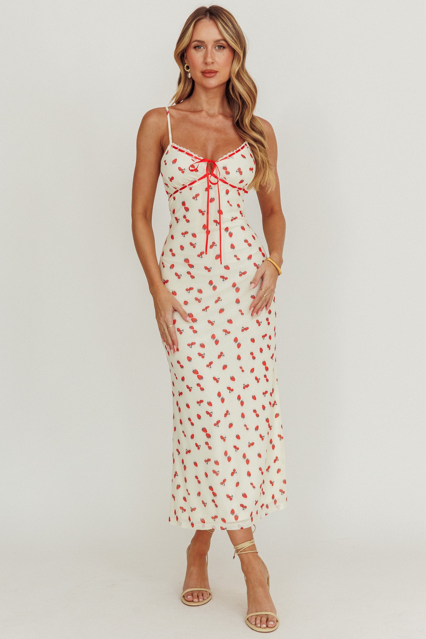 Shop the Heart Ablaze Strawberry Cherry Print Midi Dress Cream