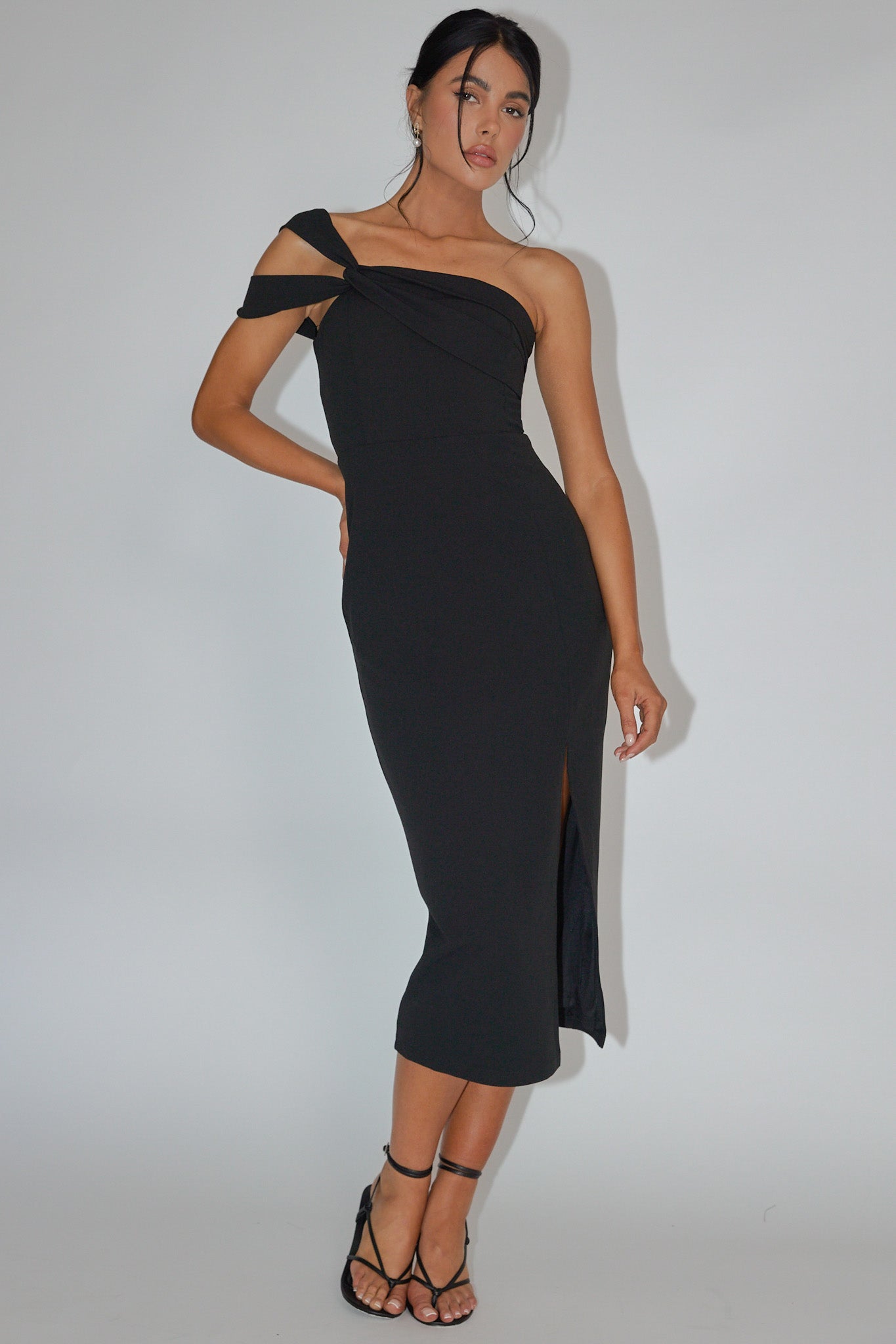 First Impressions One Shoulder Midi Dress Black by Selfie Leslie Australia
