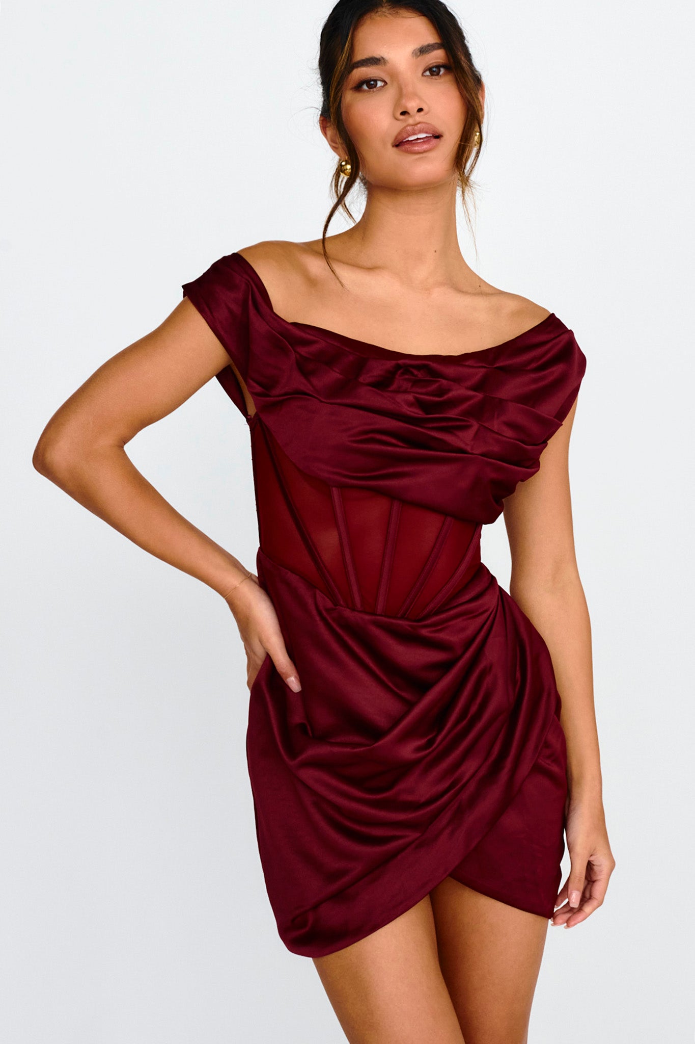 Lizetta Boat Neck Gathered Mini Dress Burgundy | Selfie Leslie Australia Lizetta Boat Neck Gathered Mini Dress Burgundy | Selfie Leslie Australia