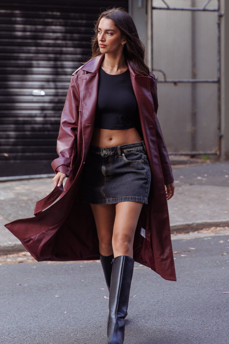 Shop the Zen Faux Leather Trench Coat Burgundy