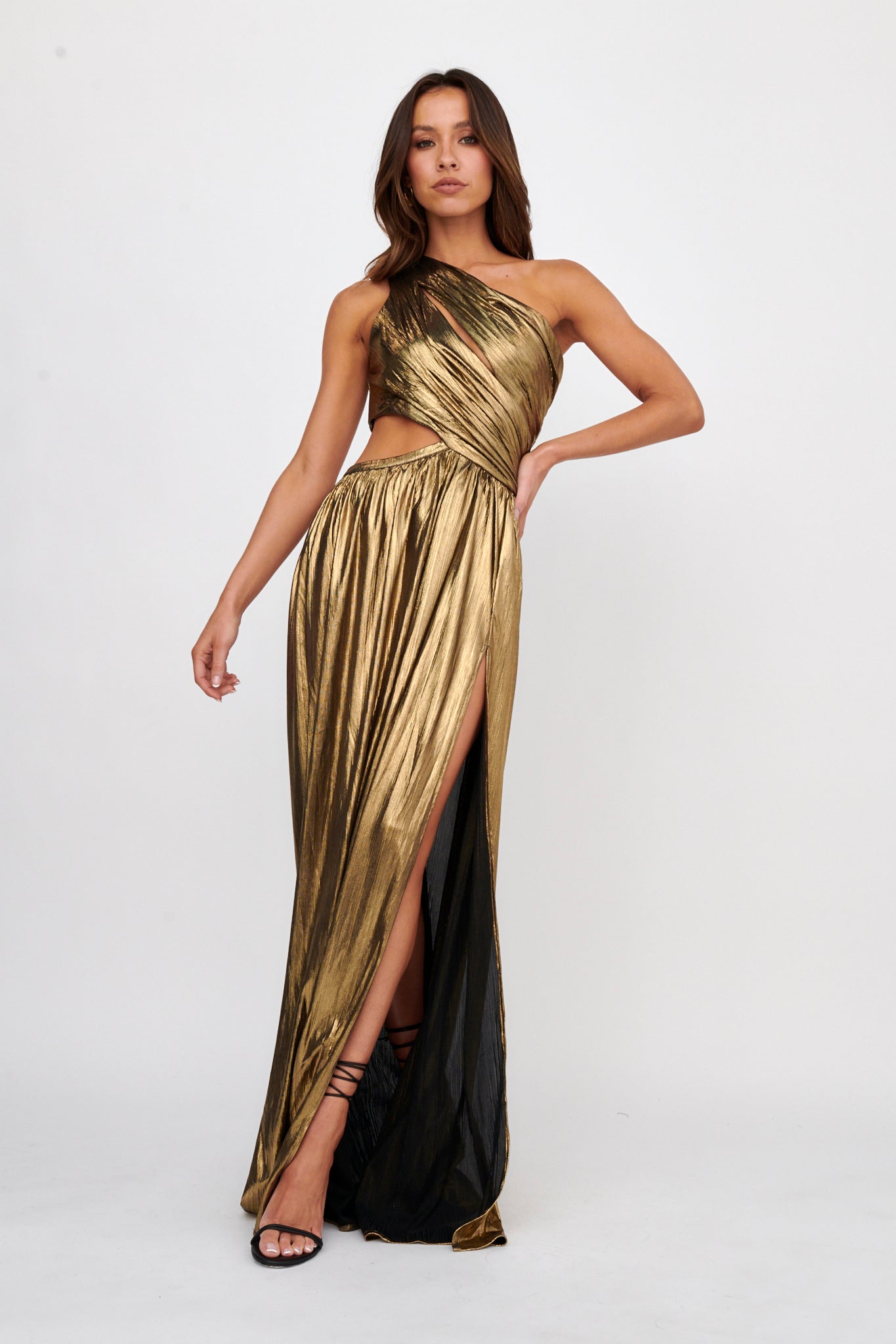 Fortuna One Shoulder Split Maxi Dress Black/Gold | Selfie Leslie Australia Fortuna One Shoulder Split Maxi Dress Black/Gold | Selfie Leslie Australia