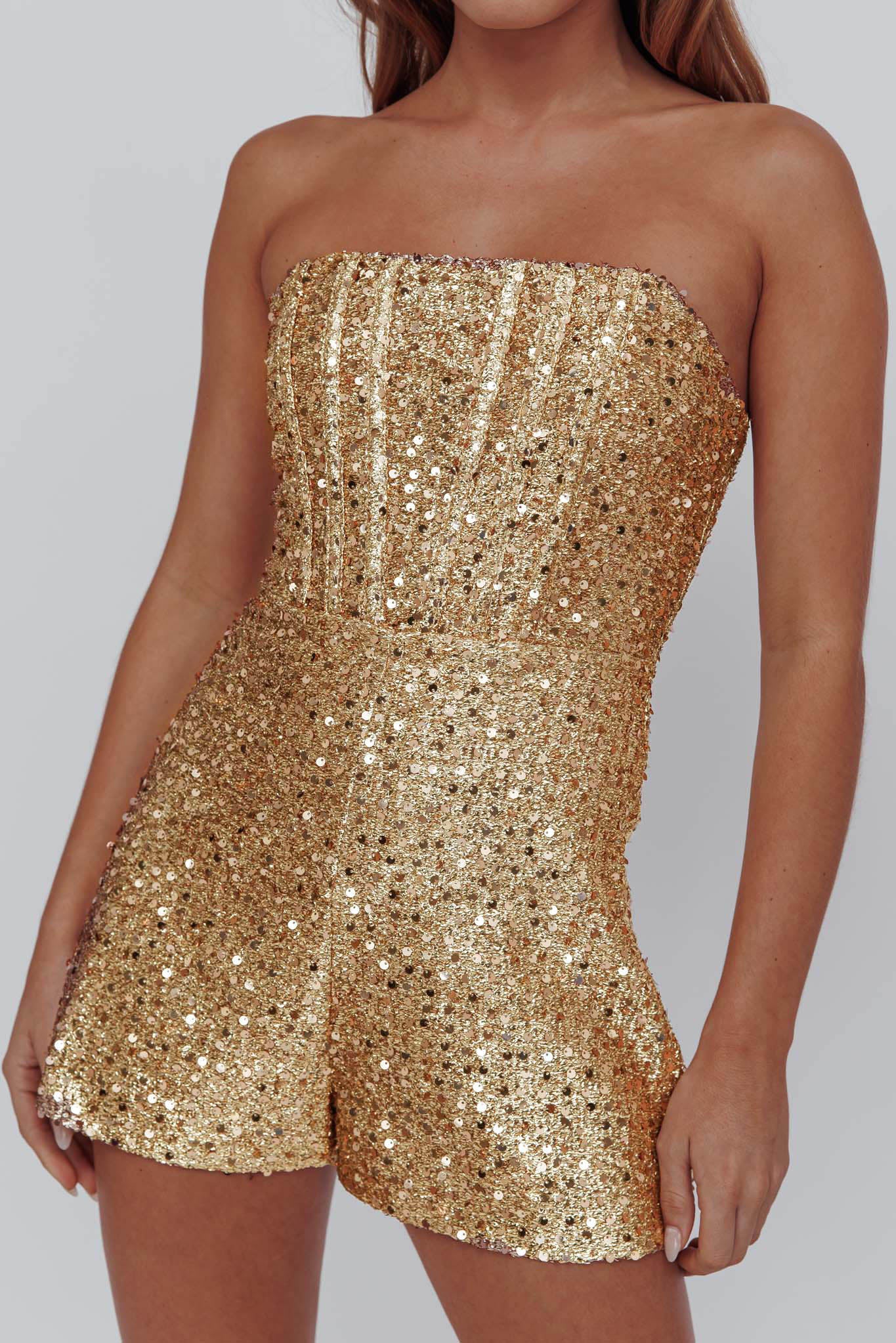 Vivid Dreams Strapless Sequin Romper Gold by Selfie Leslie Australia