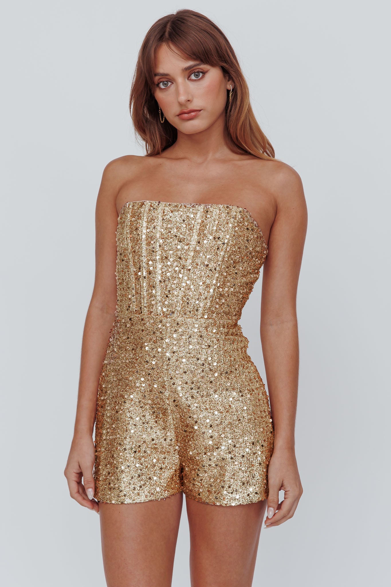 Vivid Dreams Strapless Sequin Romper Gold by Selfie Leslie Australia