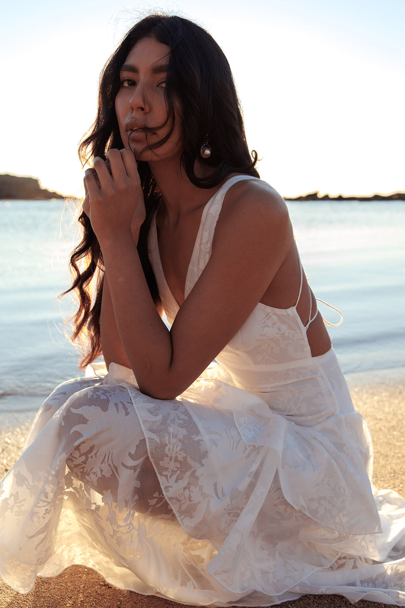 Shop the Veda Strappy Back Ruffle Chiffon Maxi Dress White