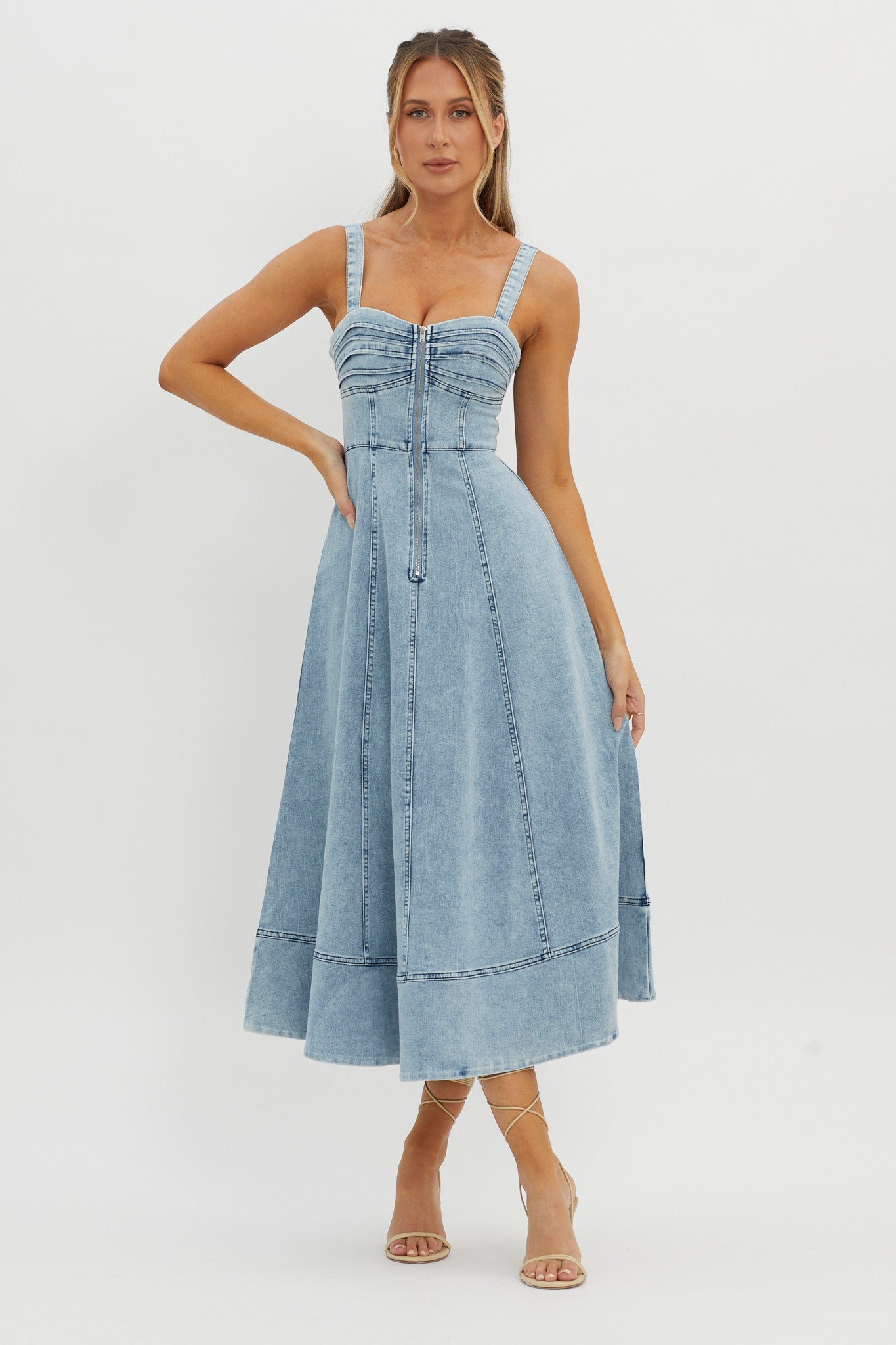 Emilio Pleated Bust A-Line Midi Dress Denim Blue | Selfie Leslie Australia Emilio Pleated Bust A-Line Midi Dress Denim Blue | Selfie Leslie Australia