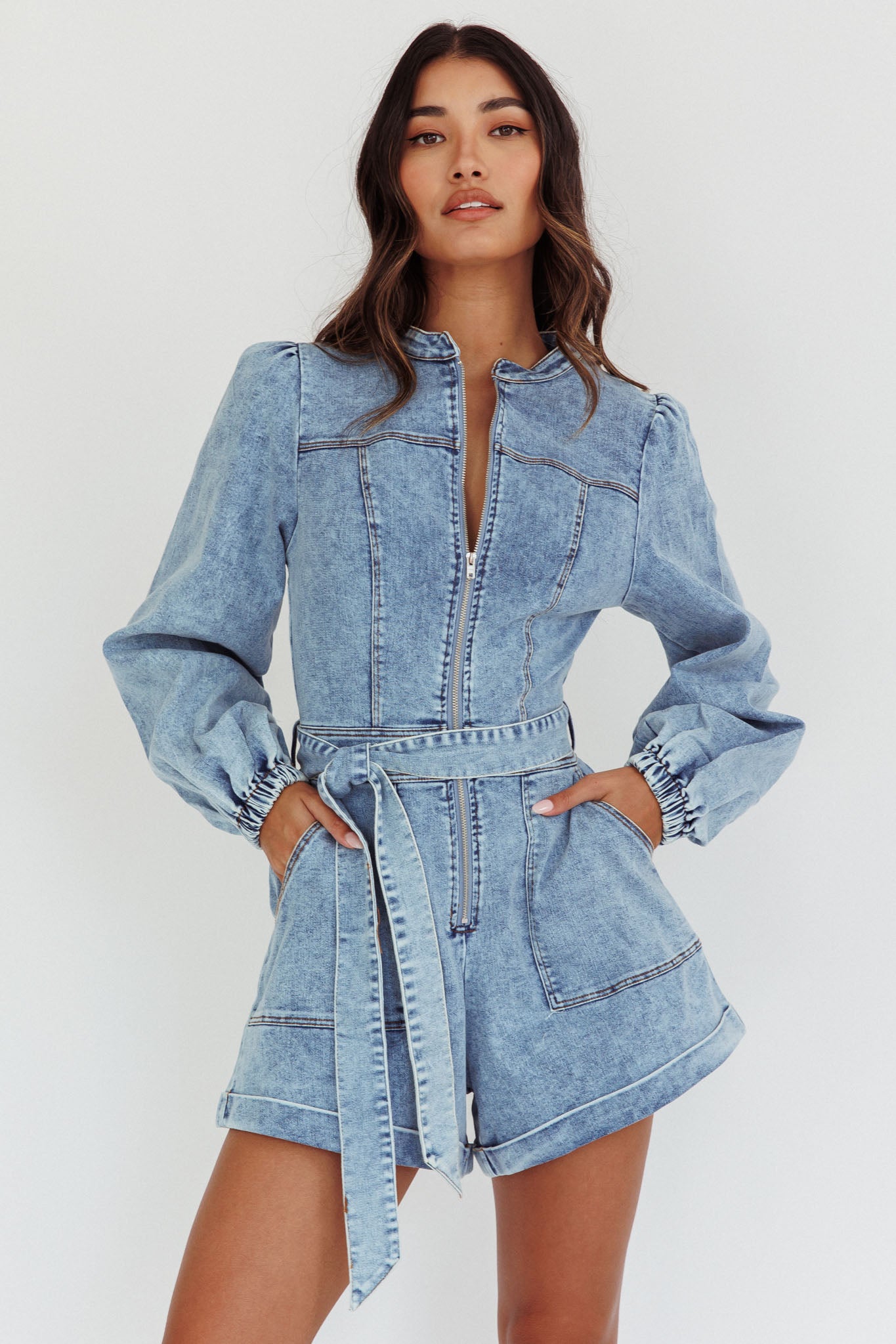 Real World Zip Front Romper Denim Blue– Selfie Leslie Australia