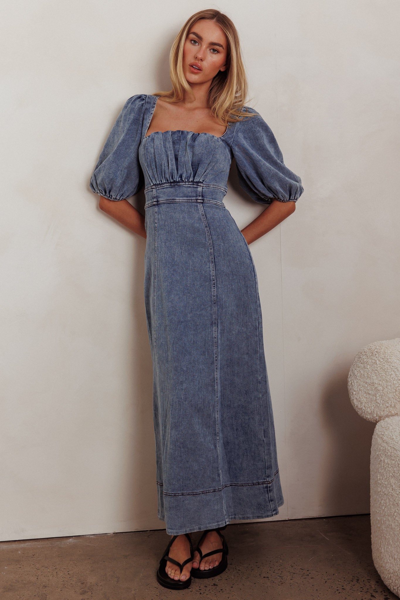 Sibille Puff Sleeve Contrast Stitch Dress Butter
