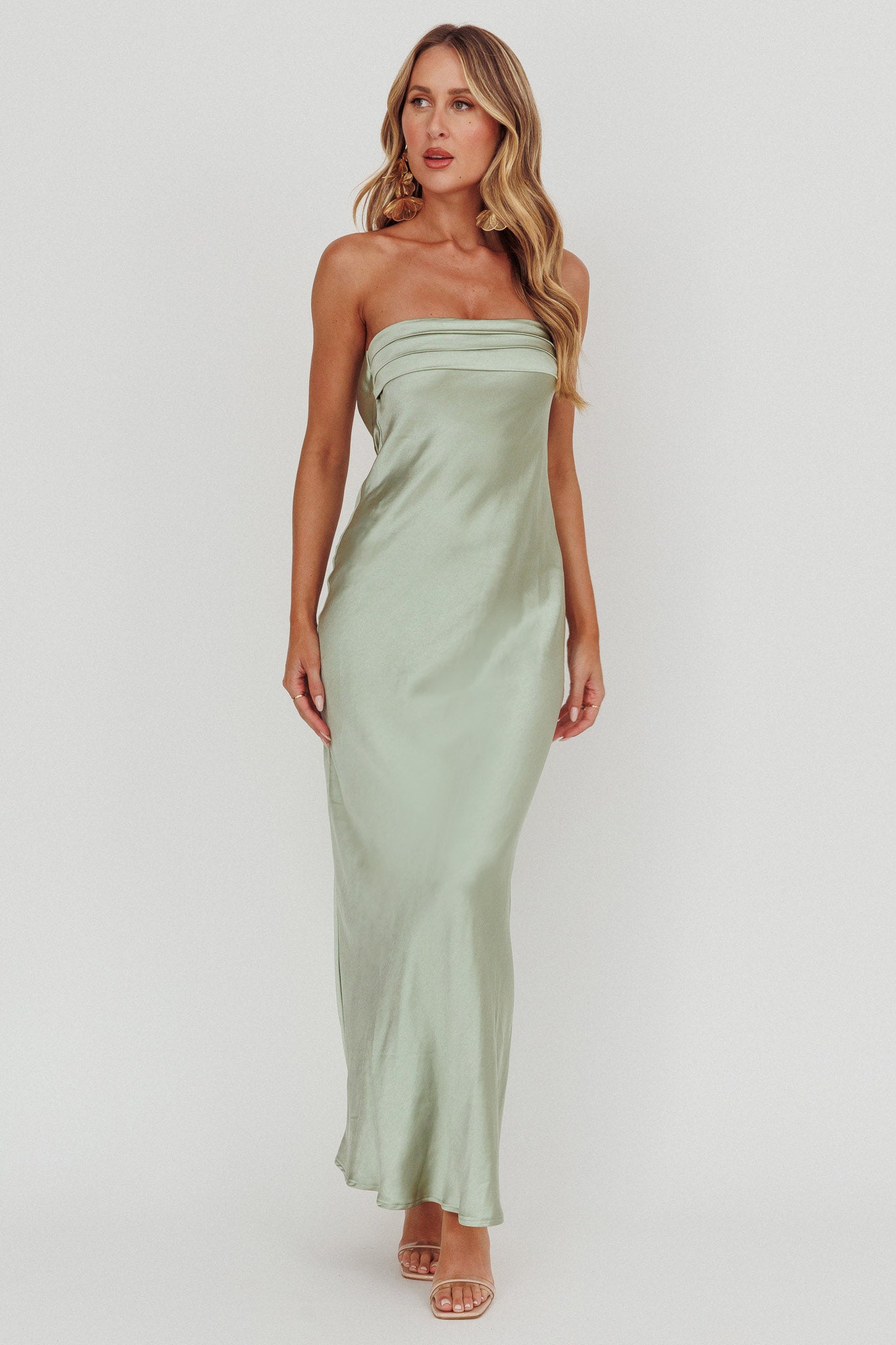 Kona Strapless Pleated Bust Satin Maxi Dress Sage– Selfie Leslie Australia