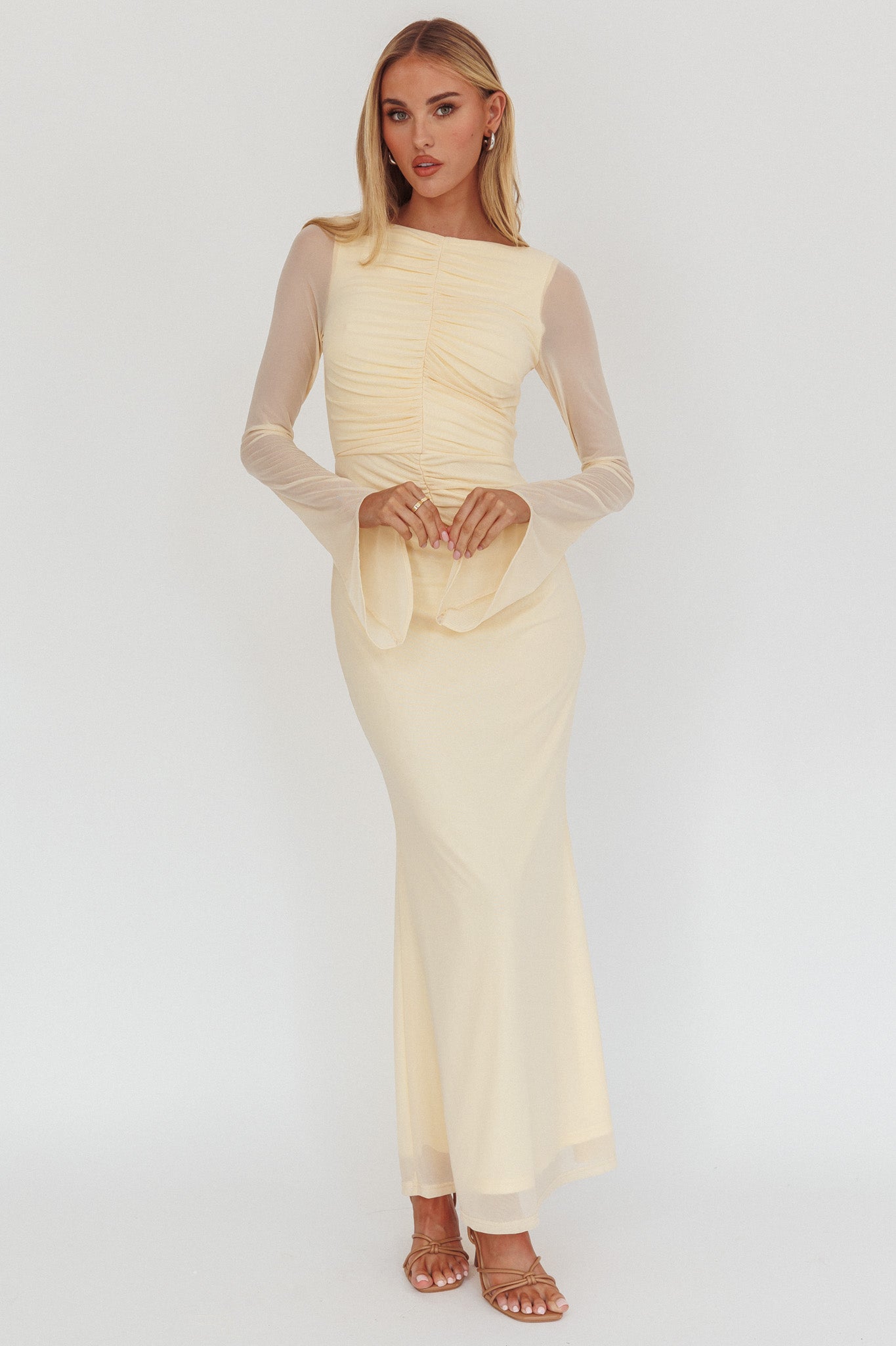Luna Love Long Sleeve Mesh Maxi Dress Cream | Selfie Leslie Australia