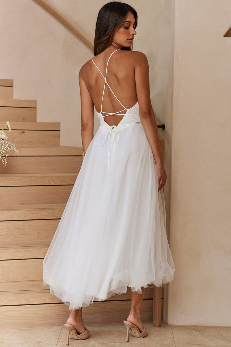 Shop the Floating By Plunging Neckline Mesh Overlay Midi Dress White