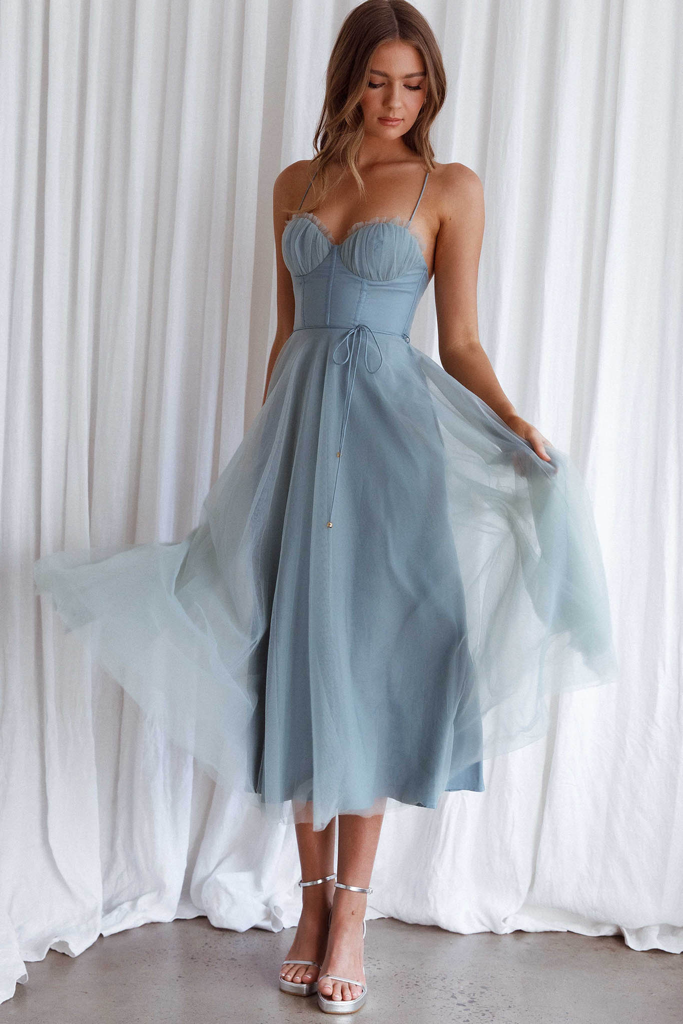 Smitten Sweetheart Neckline Chiffon Midi Dress Sage Selfie Leslie Australia