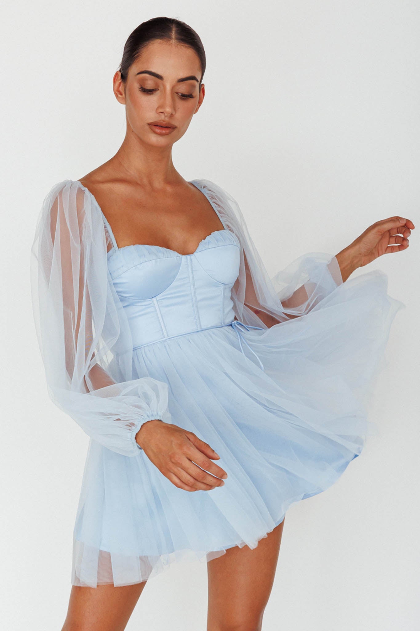 Fairytale Dream Sheer Sleeve Mini Dress Blue– Selfie Leslie Australia