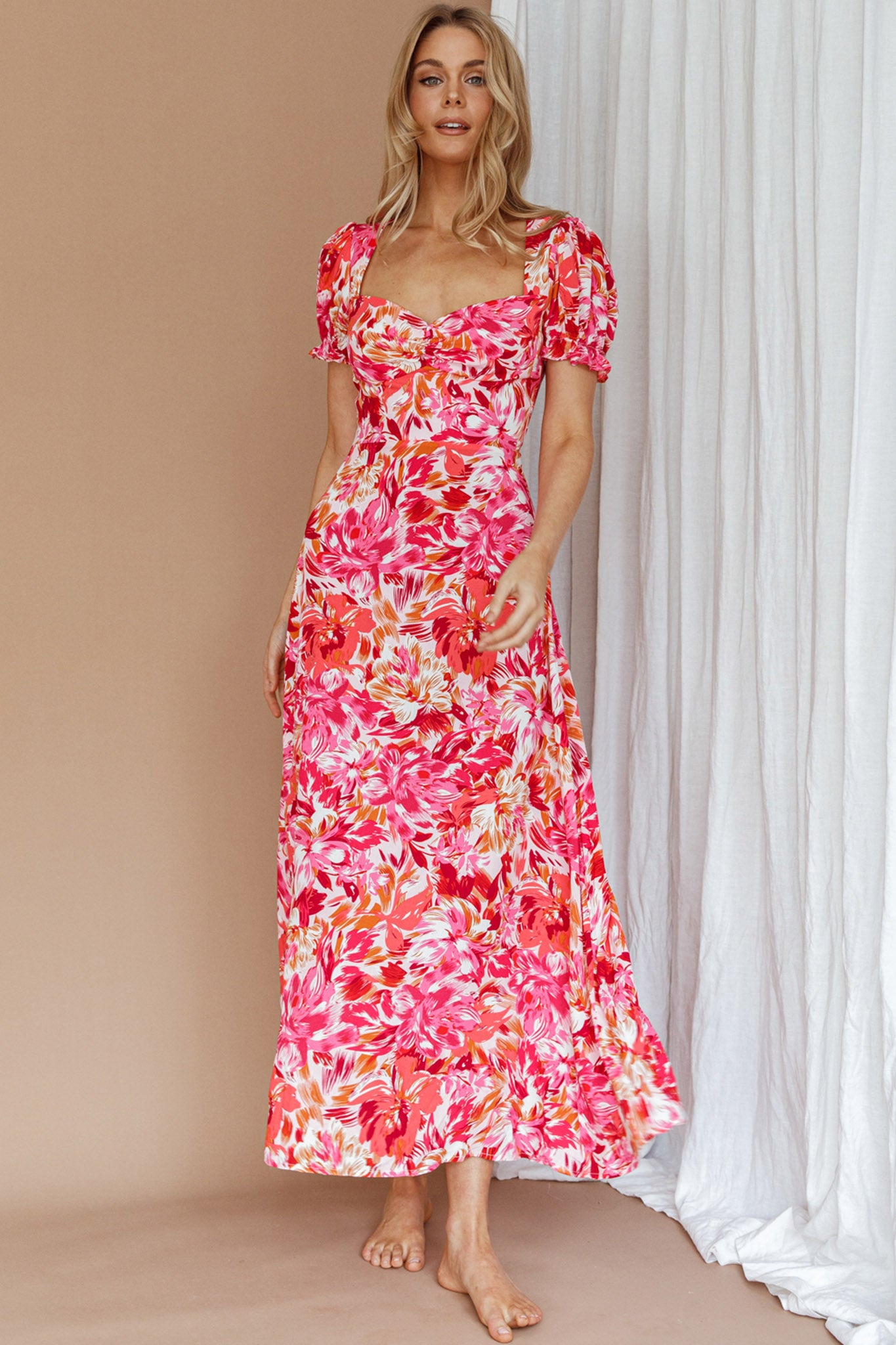 chinese dress ladies Floral Maxi Dress with Long Sleeves - Boho Wedding Guest Dress